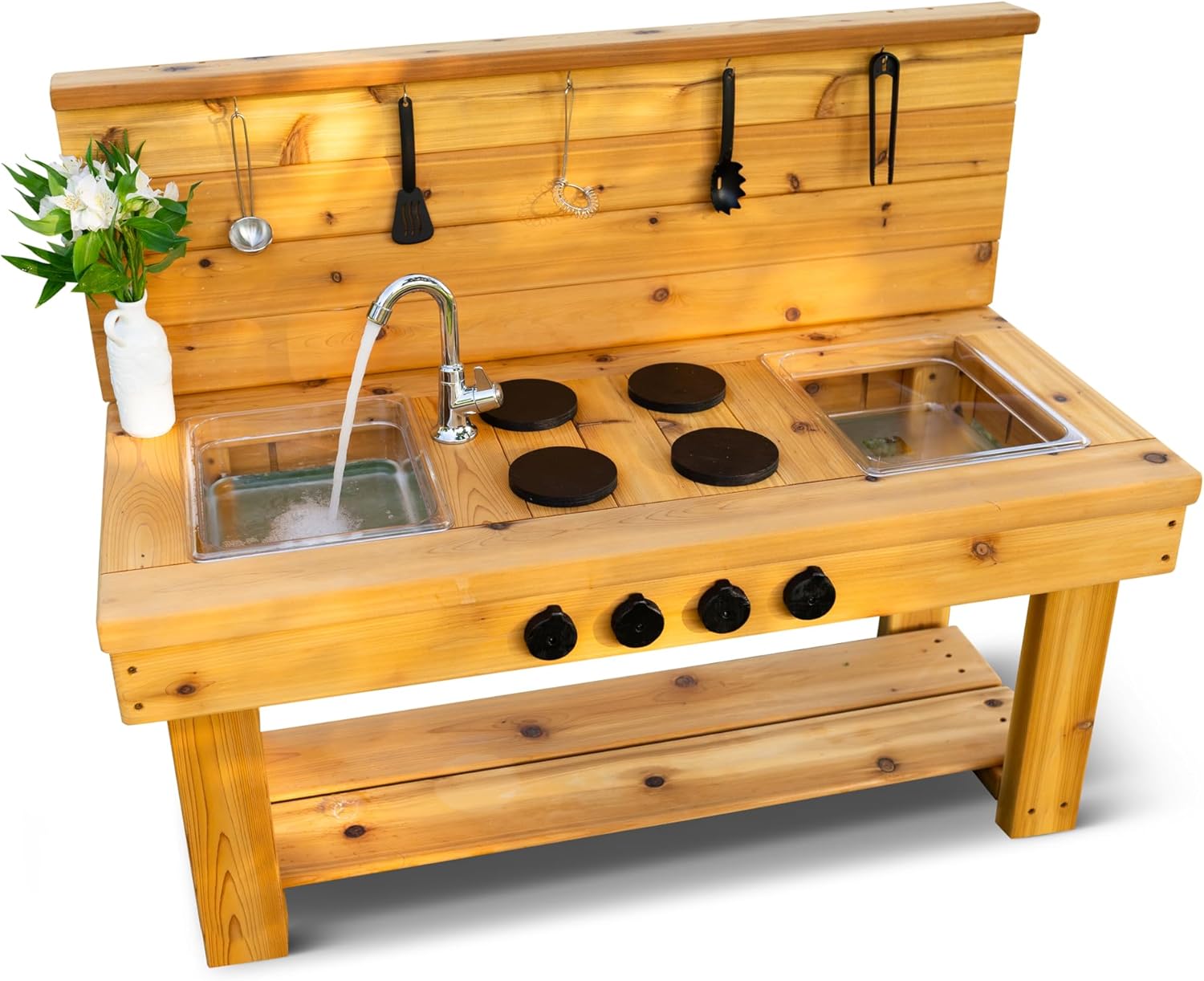 Noble Toys XL Cedar Outdoor Mud Kitchen Centered with Backsplash and Stovetop for Toddlers Kids | Pretend Play Table | Sensory Table | Outside Playset | Real Wooden Kitchens | Preschool Equipment