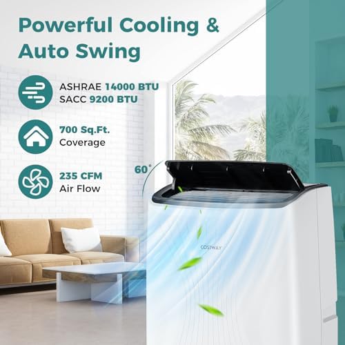 COSTWAY 14000BTU Portable Air Conditioner with Heat, Smart WiFi Enabled AC Unit, Fan & Dehumidifier w/ 24H Timer, Sleep Mode, Remote Control & Installation Kit, Cool Rooms up to 700 Sq.Ft (14000BTU)