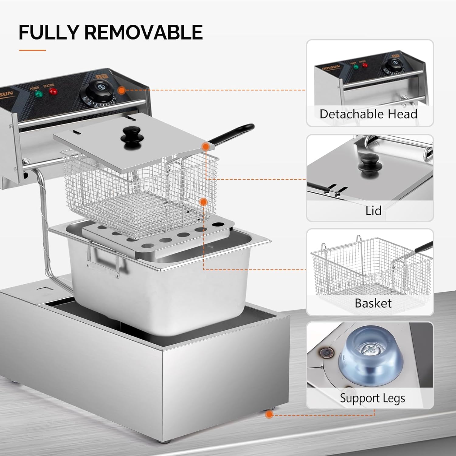 ROVSUN 11.4QT Electric Commercial Deep Fryer with Basket & Lid, Countertop Kitchen Frying Machine, Temperature Adjustable Stainless Steel French Fryer for French Fries Donuts Onion Rings 2500W