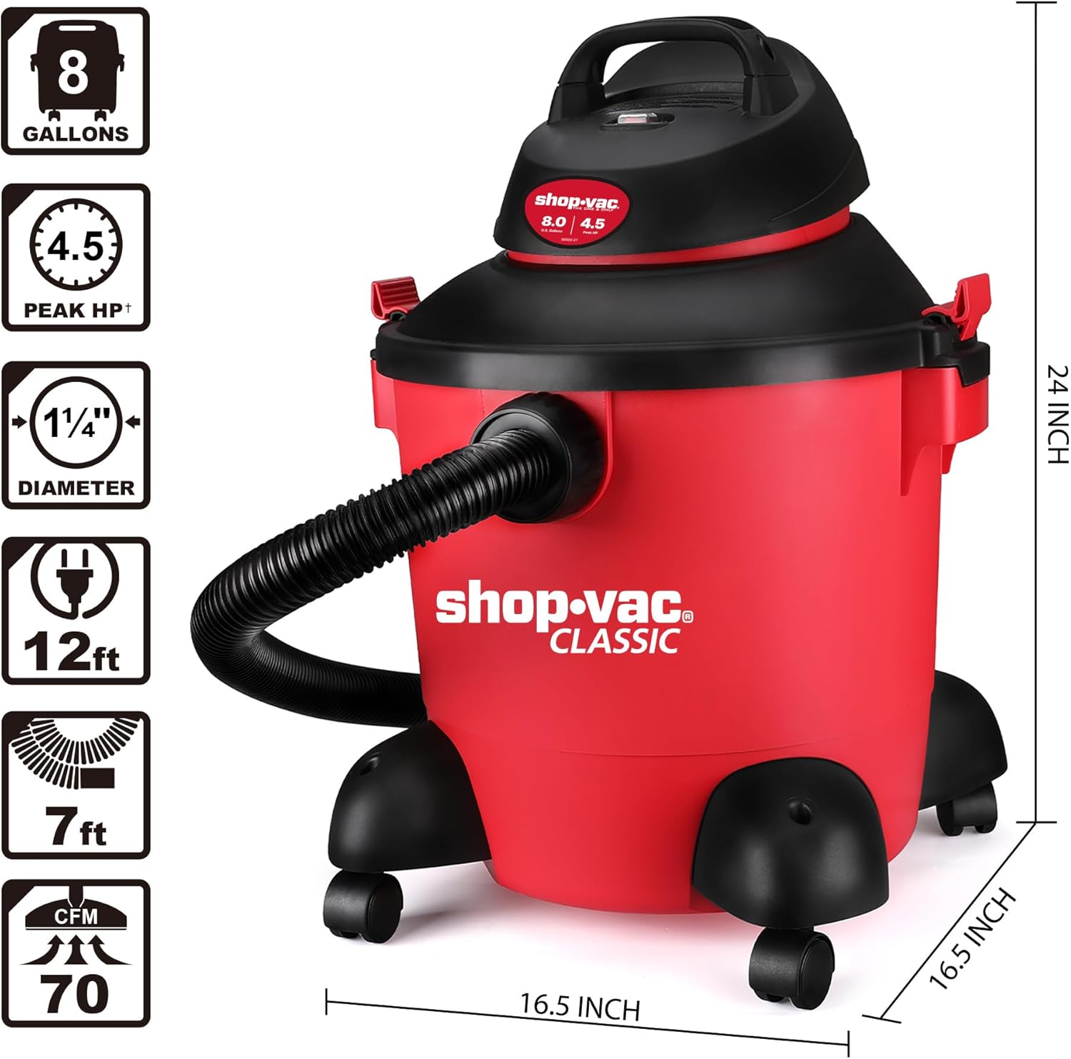 Shop-Vac 8 Gallon 4.5-Peak HP Wet/Dry Vacuum, 3 in 1 Function with Filter, Hose and Accessories, Ideal for Jobsite, Garage, Car & Workshop. 5971836