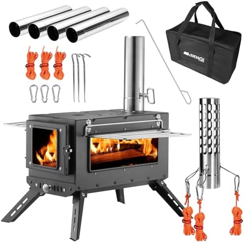 Camping Wood Stove，Wood Burning Tent Stove，Portable Hot Tent Stove for Camping, Hunting, Ice Fishing，Cooking，Shelter (Black)
