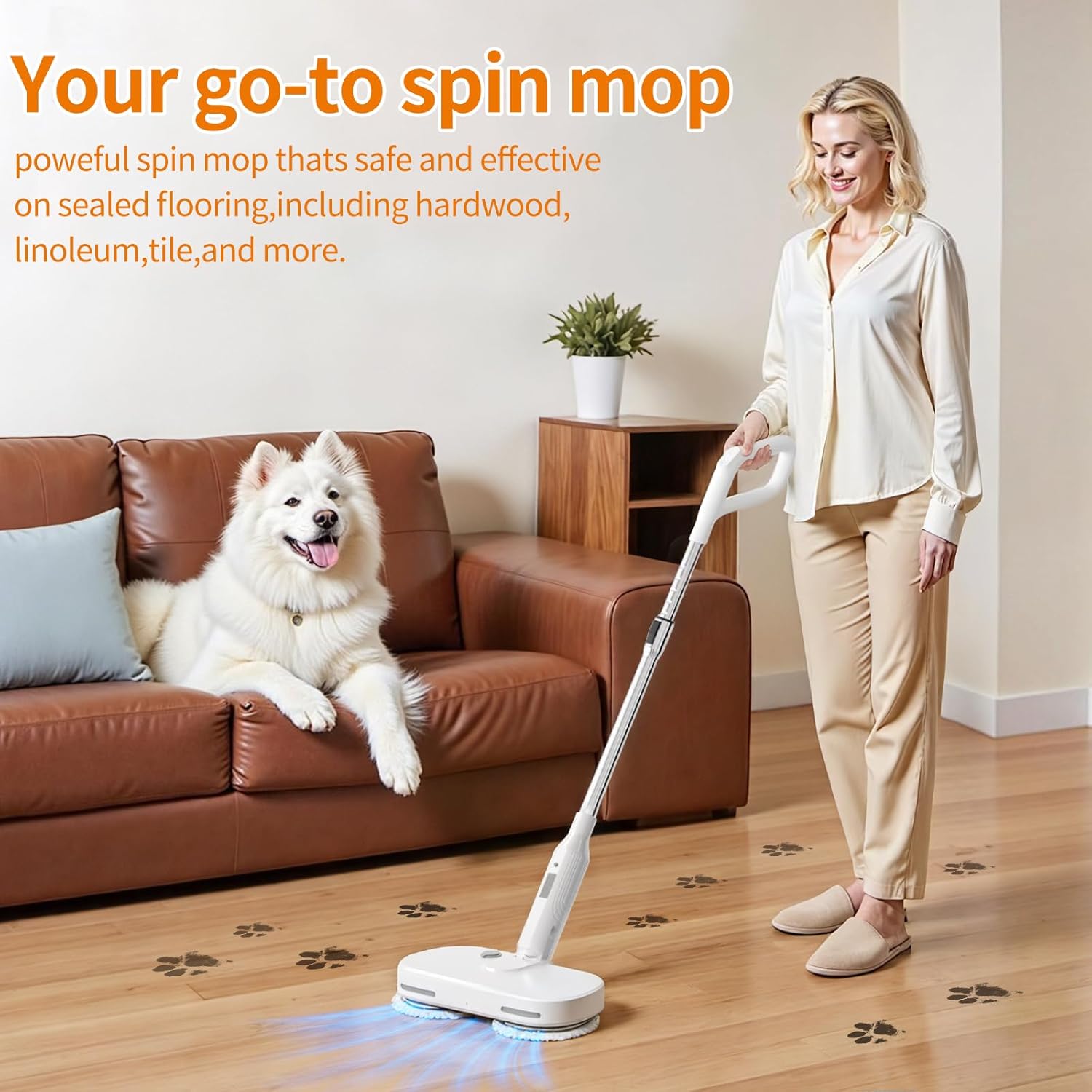 Adjustable Cordless Electric Spin Mop with self-propelled water sprayer/8000mAh Battery/LED Headlight,self-propelled design with 6 Washable mop Pads for Hardwood, Tile Floors, Quiet Cleaning/Waxing