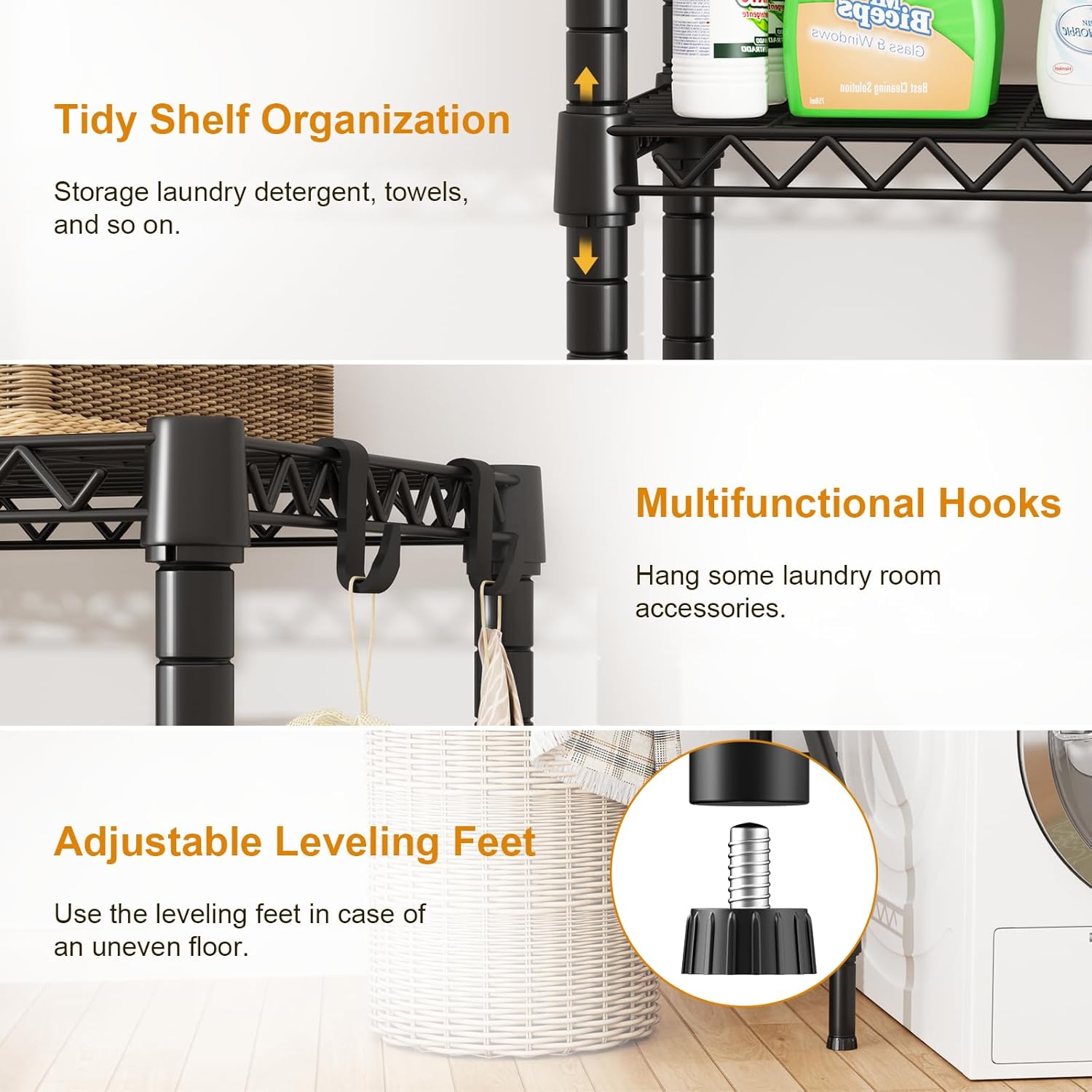 U15 Over Washer and Dryer Storage Shelves, Laundry Above Washer Dryer Storage Rack Space Saver, 6-Tier Wire Shelf with 4 Hooks for Organization, 63.4