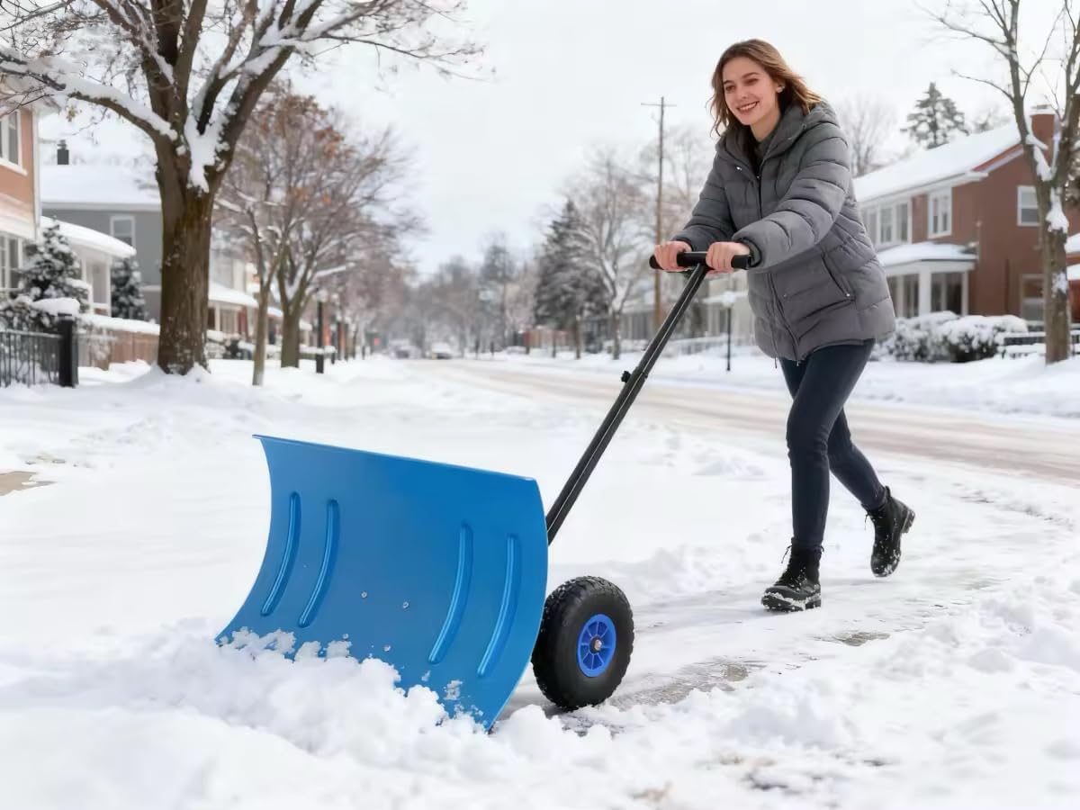 Garvee Snow Shovel Pusher for Driveway,Heavy Duty 2-Wheel Snow Shovel with Single Rod,29