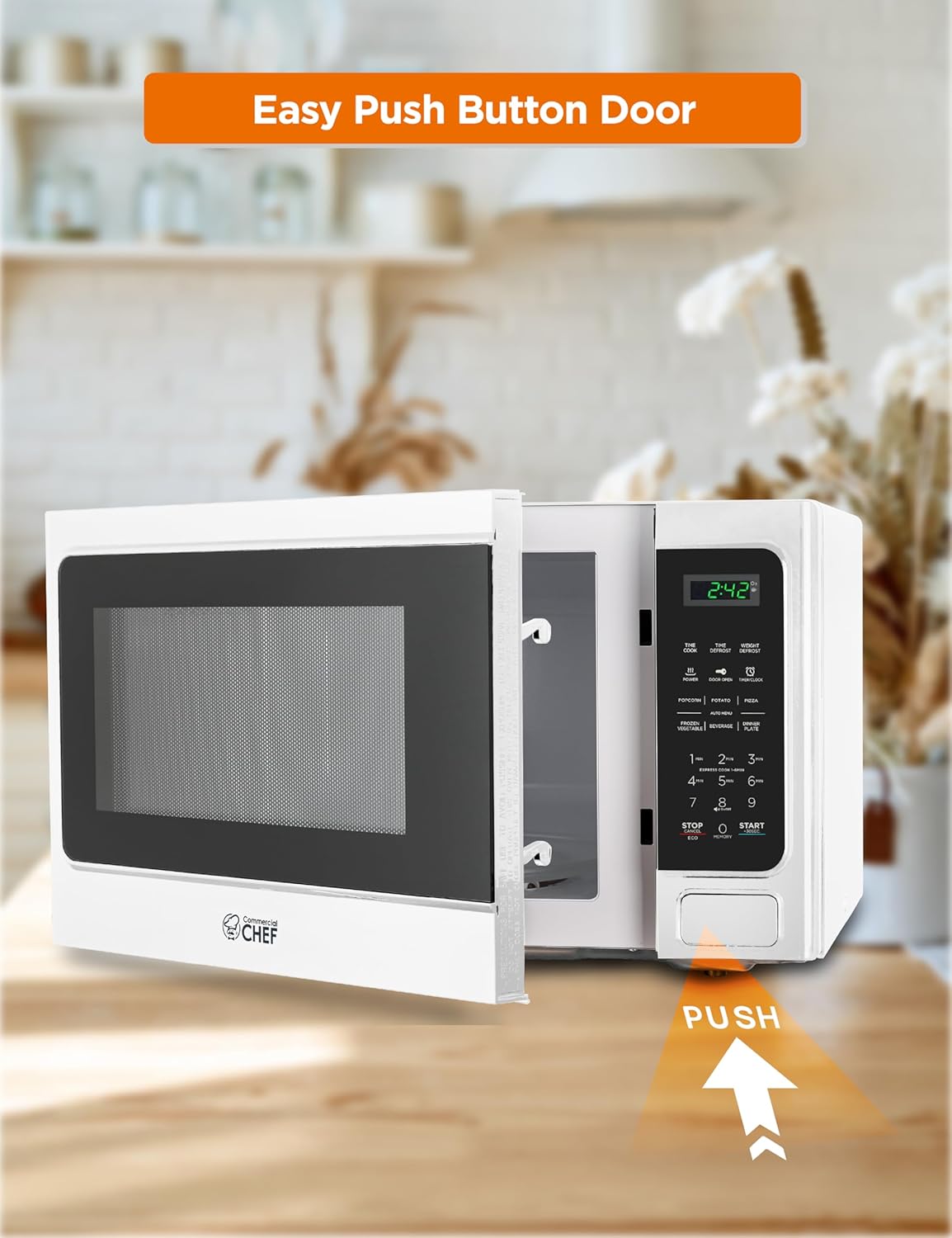 COMMERCIAL CHEF Microwave 1.3 Cu Ft with 10 Power Levels, Microwave with Push Button Door Lock, 1000W Countertop Microwave with Timer and Digital Controls, White
