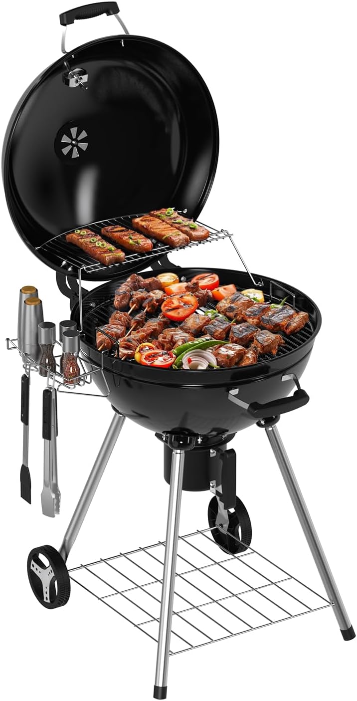 22 inch Premium Charcoal Grill, Kettle Barbecue and Smoker Grills 500+ Sq. In. Cooking Area for Outdoor BBQ, Tailgating and Patio, Black
