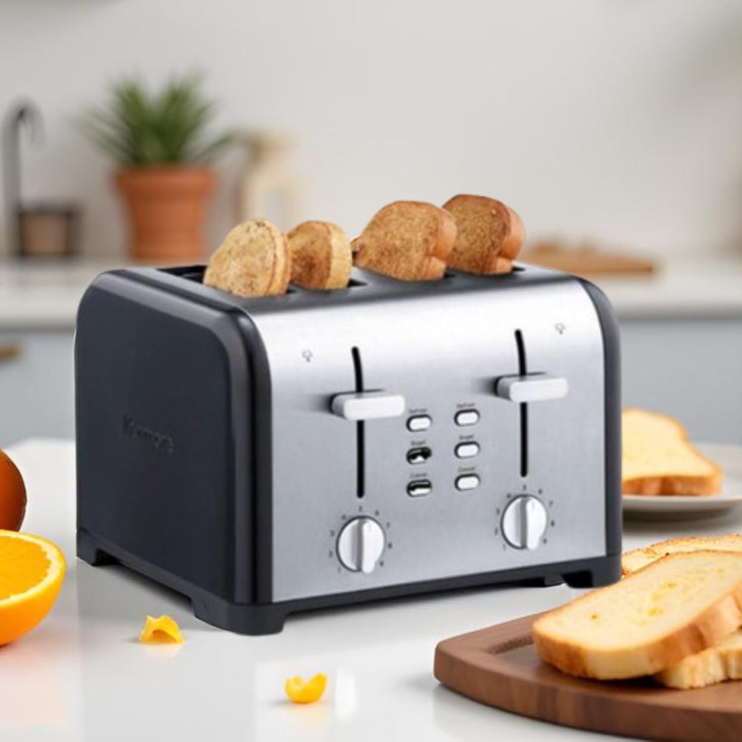 Kenmore toaster 4 slice - extra wide slot countertop kitchen appliance, defrost function, tostador de pan, 9 shade settings, compact design, easy clean crumb tray, bread bagel, stainless steel & black
