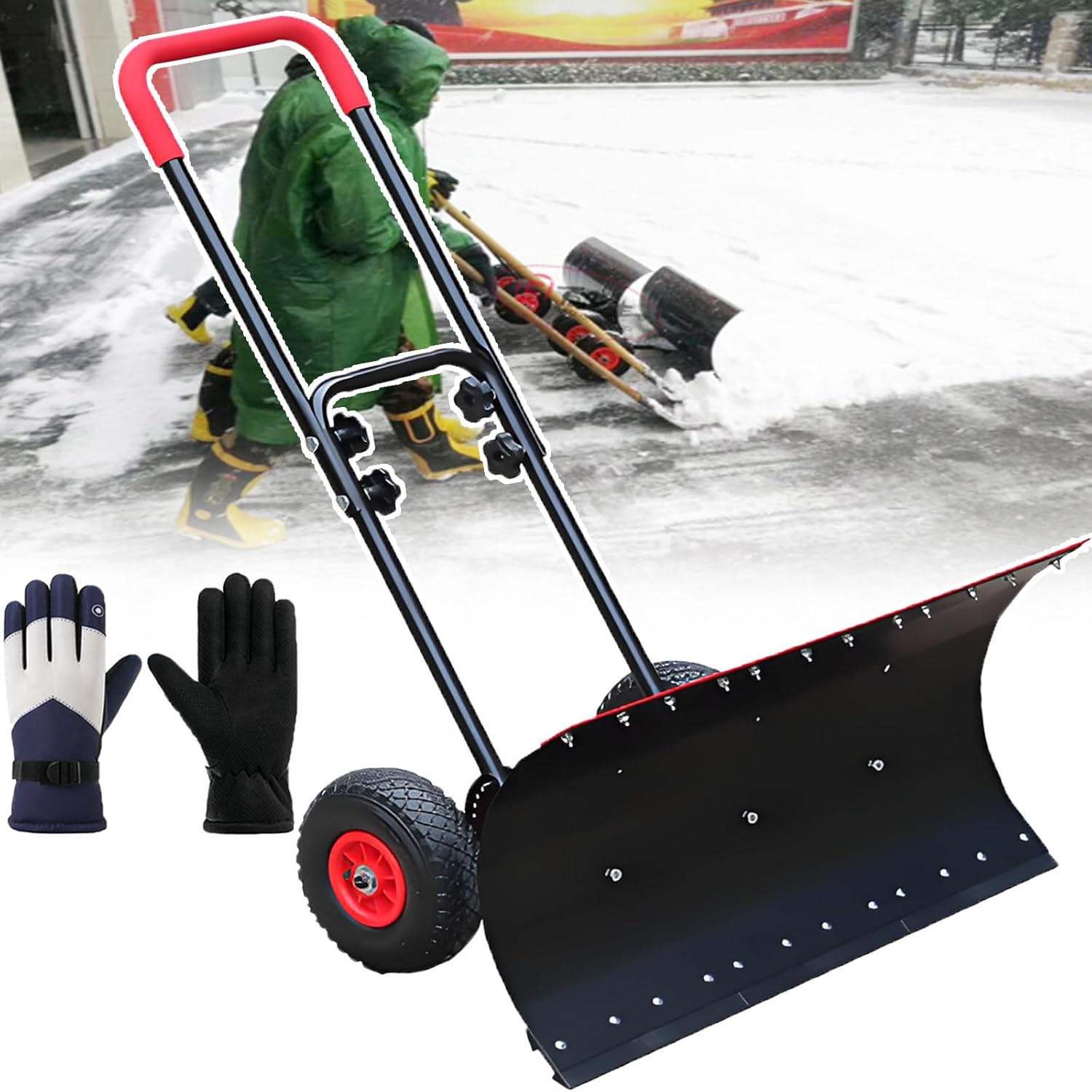 Outdoor 2-in-1 Ice Snowplow with Wheels - Multifunctional Snow Plow Pusher Can Be Used for Ice and Snow Shovel, Sand Shovel, Grain Shovel, Concrete Shovel, Coal Shovel