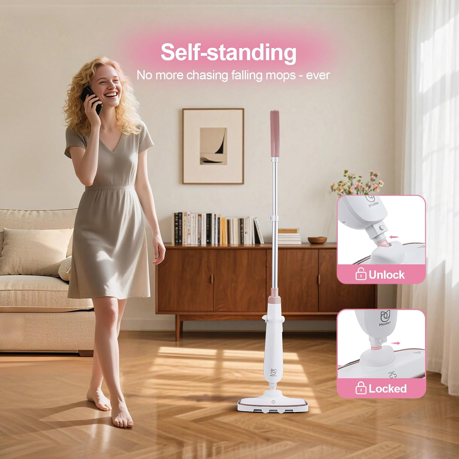 Moolan Steam Mop, 15s Fast Heat-Up Steam Cleaner with 2 Washable Pads, Chemical-Free Hard Floor Cleaning for Carpet, Tile, Laminate, Hardwood, Self-Standing with Adjustable Handle