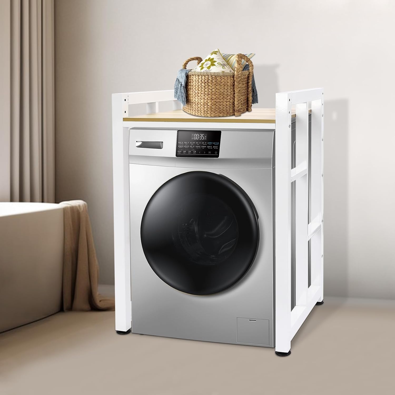 Washer Dryer Stacking Rack Stand, 41’’H Steel Standing Storage Shelf with Adjustable Height, 418lbs Capacity, Over Dryer&Washer Shelves for Laundry Room(White)