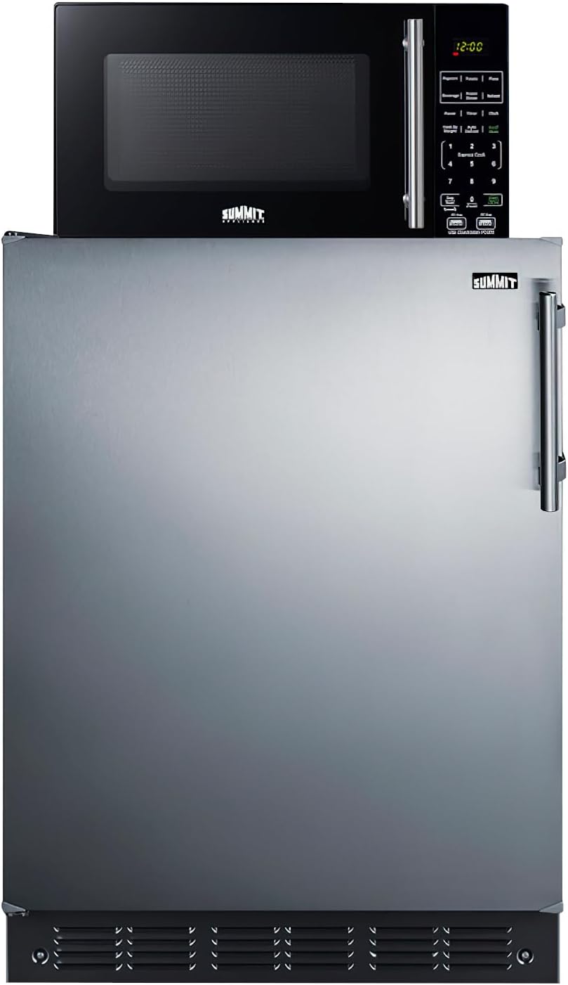Summit Appliance MRF708BLSSALHD Microwave/Refrigerator Combination with Allocator; Includes FF708BLSSLHD All-refrigerator, and SM903BSA1 Microwave; Automatic Defrost; 5.1 cu.ft Capacity; LHD Swing