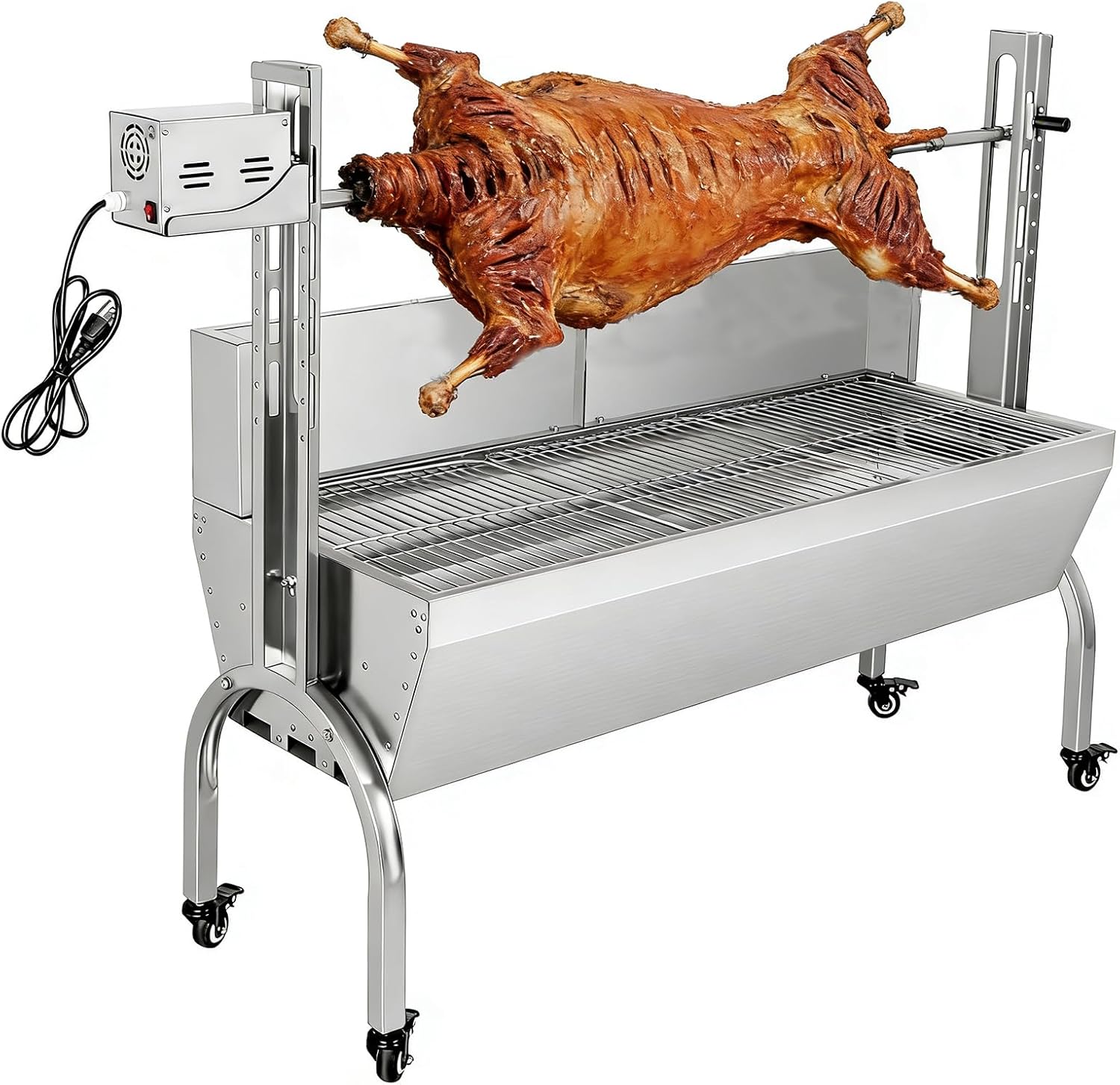 Rotisserie Grill Charcoal Spit Roaster, Stainless Steel Hooded BBQ Spit with Motor, Adjustable Height, Lockable Casters, Supports up to 176LB - Ideal for Party & Outdoor Barbecue