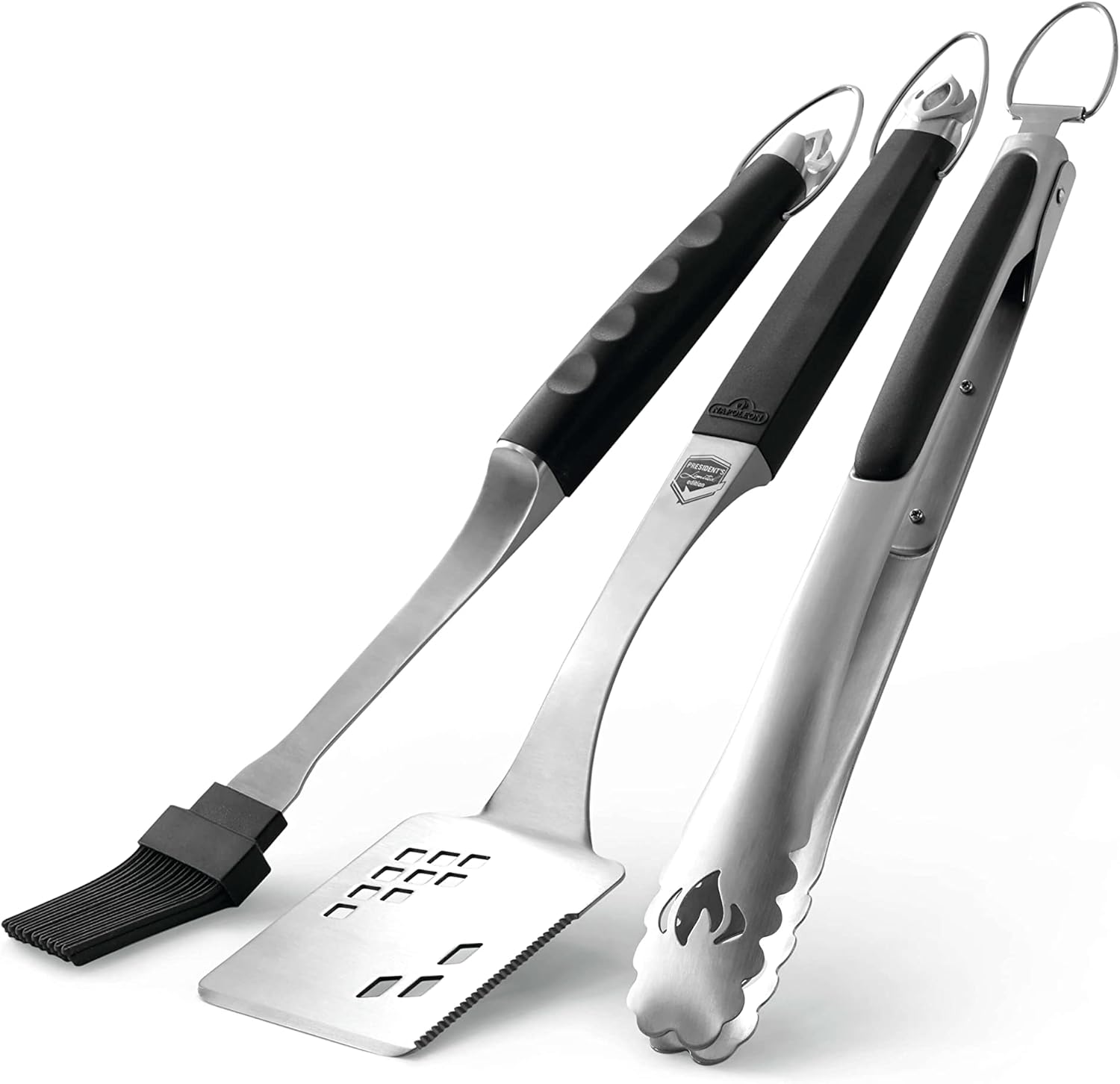 Napoleon Accessory 70036 - Executive 3 Piece Toolset - Premium BBQ Grill Toolset, Cast Stainless Steel, Ergonomic Handles, Heat Safe Rubber Grip, Includes Tongs, Multifunctional Spatula, Basting Brush
