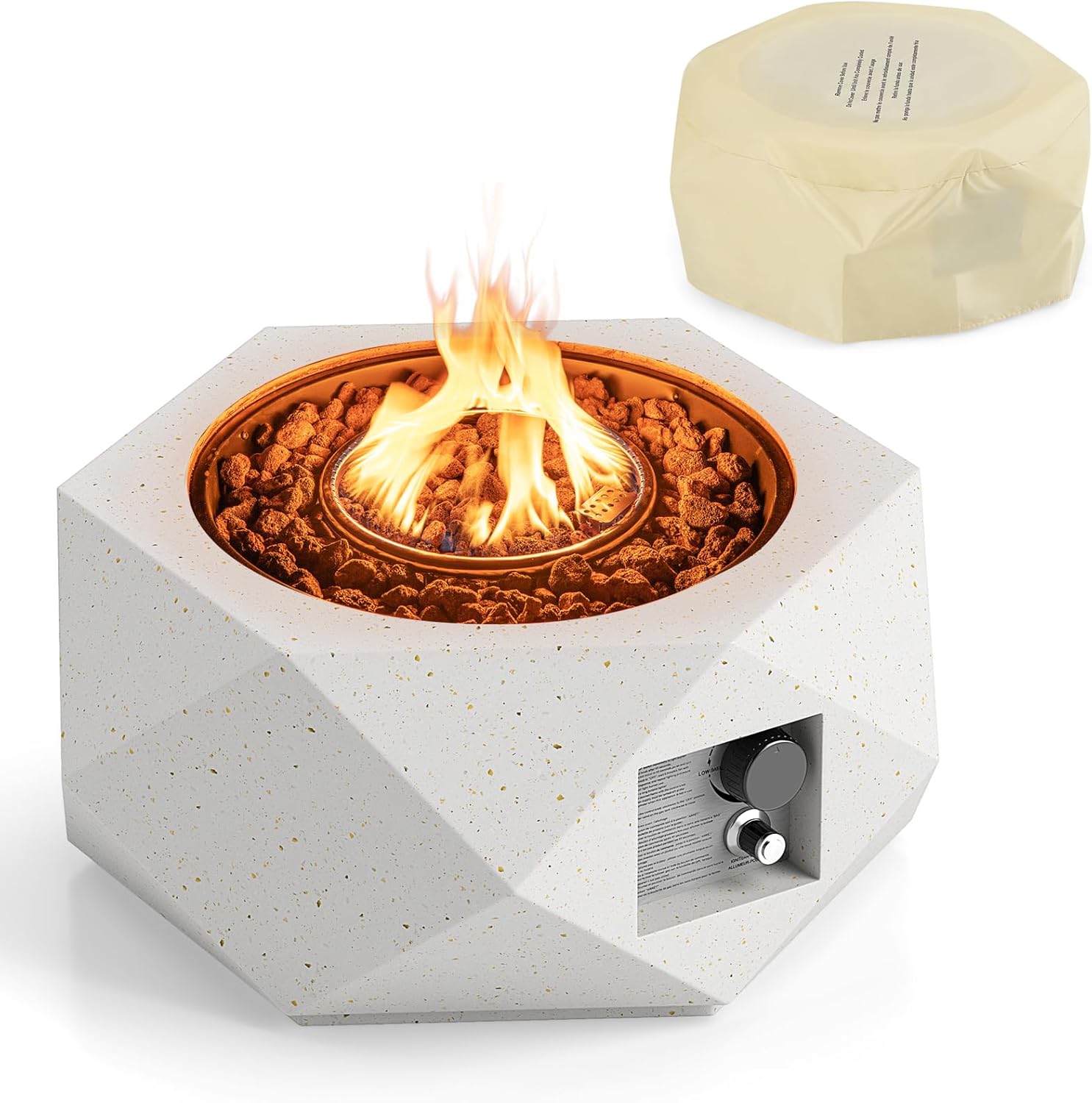 Tangkula Propane Fire Pit Table, 28” Hexagon Terrazzo Gas Fire Pit with Stainless Steel Burner & Lava Rocks, Protective Cover & Tank Seat Included, 40,000 BTU Smokeless Fire Pit for Outside Patio