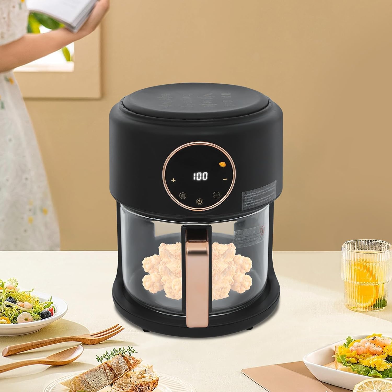 Glass Air Fryer 6-IN-1 3.8QT Air Fryer with Transparent Glass Fry Bowl Temperature Control 80℃-200℃ Adjustable Temp 60 Min Timer for Steak Fries Chicken (Black)