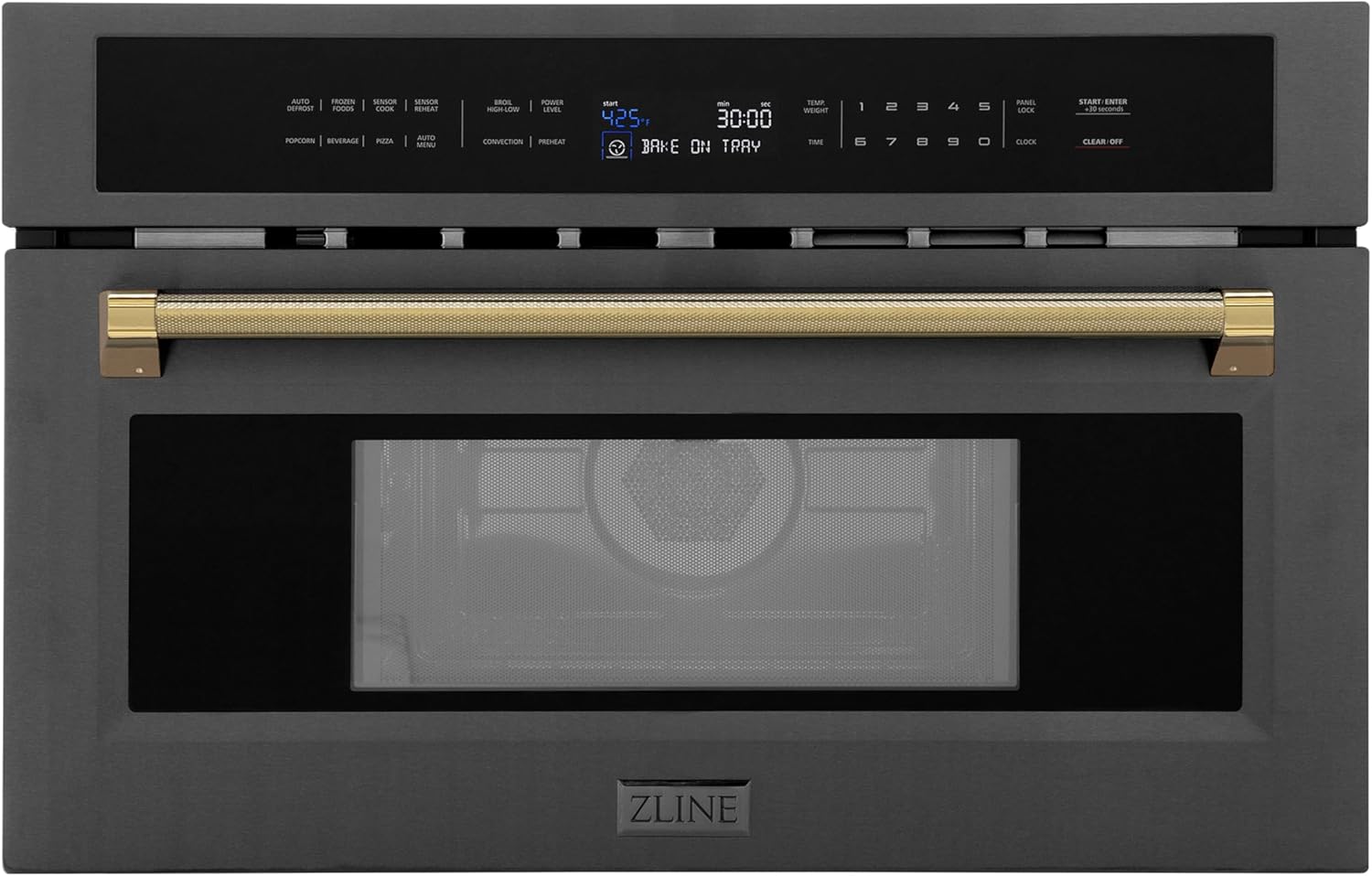ZLINE Autograph Edition 30 in. 1.6 cu ft. Built-in Convection Microwave Oven in Black Stainless Steel and Polished Gold Helix Handle (MWOZ-30-BS-KG)