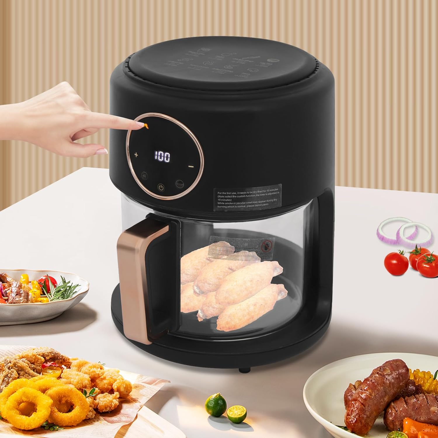 Glass Air Fryer 6-IN-1 3.8QT Air Fryer with Transparent Glass Fry Bowl Temperature Control 80℃-200℃ Adjustable Temp 60 Min Timer for Steak Fries Chicken (Black)