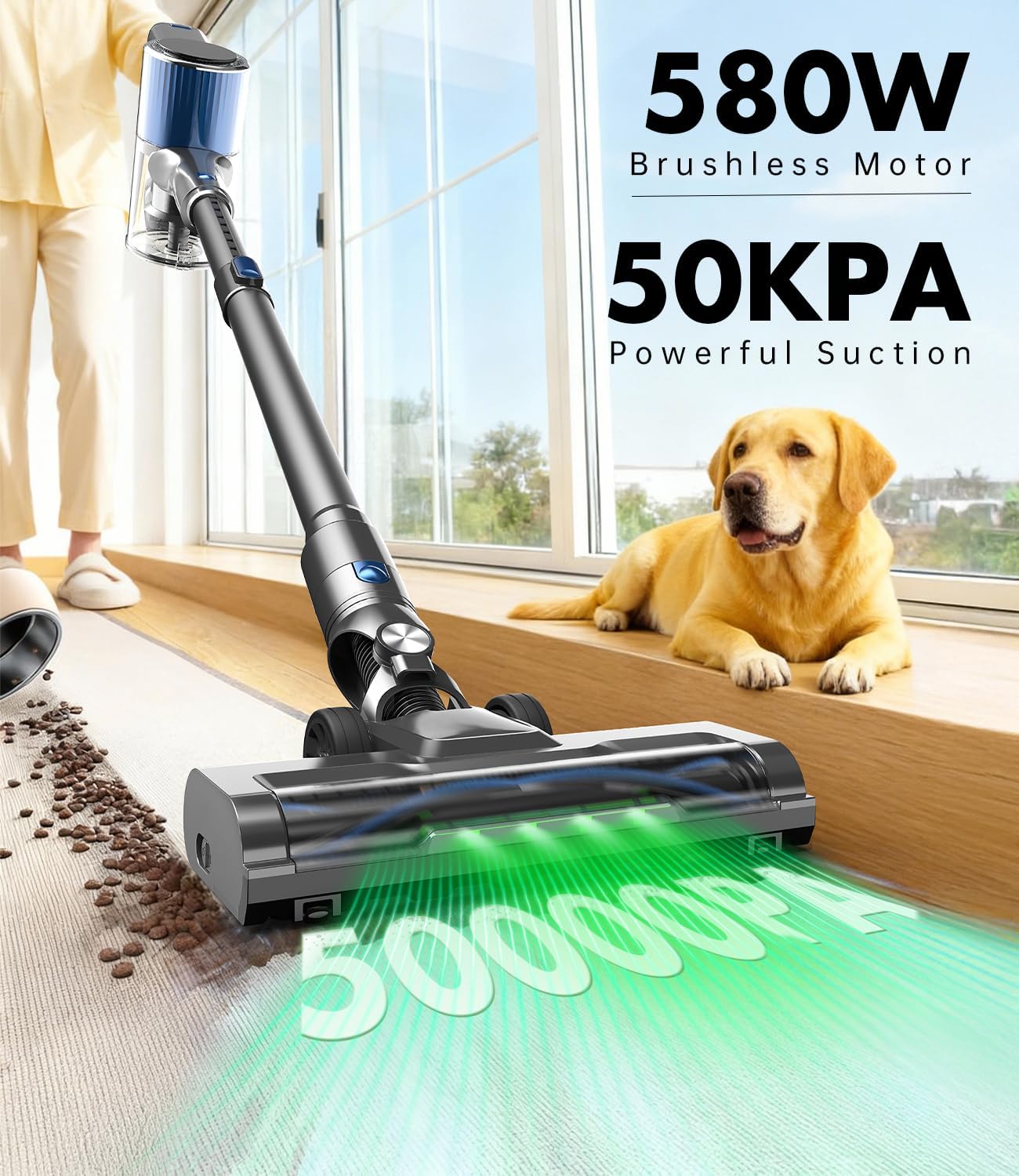 Cordless Vacuum Cleaner, 580W/50Kpa/50Mins Stick Vacuum for Home, LED Touch Screen, Anti-Tangle, Wall Mount Charging Lightweight Rechargeable Vacuum for Carpet Pet Hair Hardwood Floor Blue