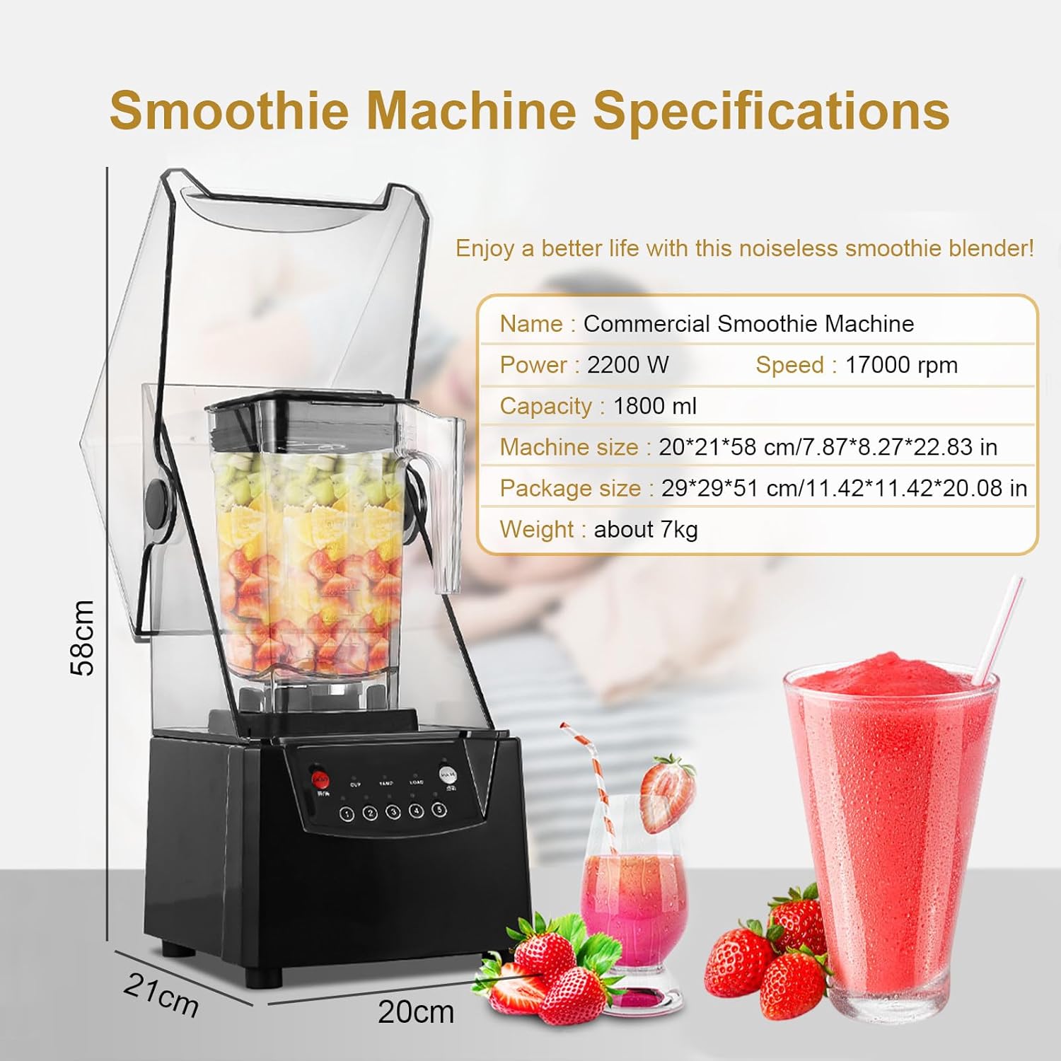 Commercial Blender Smoothie Maker - 2200 W Professional Ice Crusher with Sound Enclosure, 5 Preset Programs & 1.8 L Capacity, for Coffee Shops, Restaurants, Shakes, Smoothie Drinks