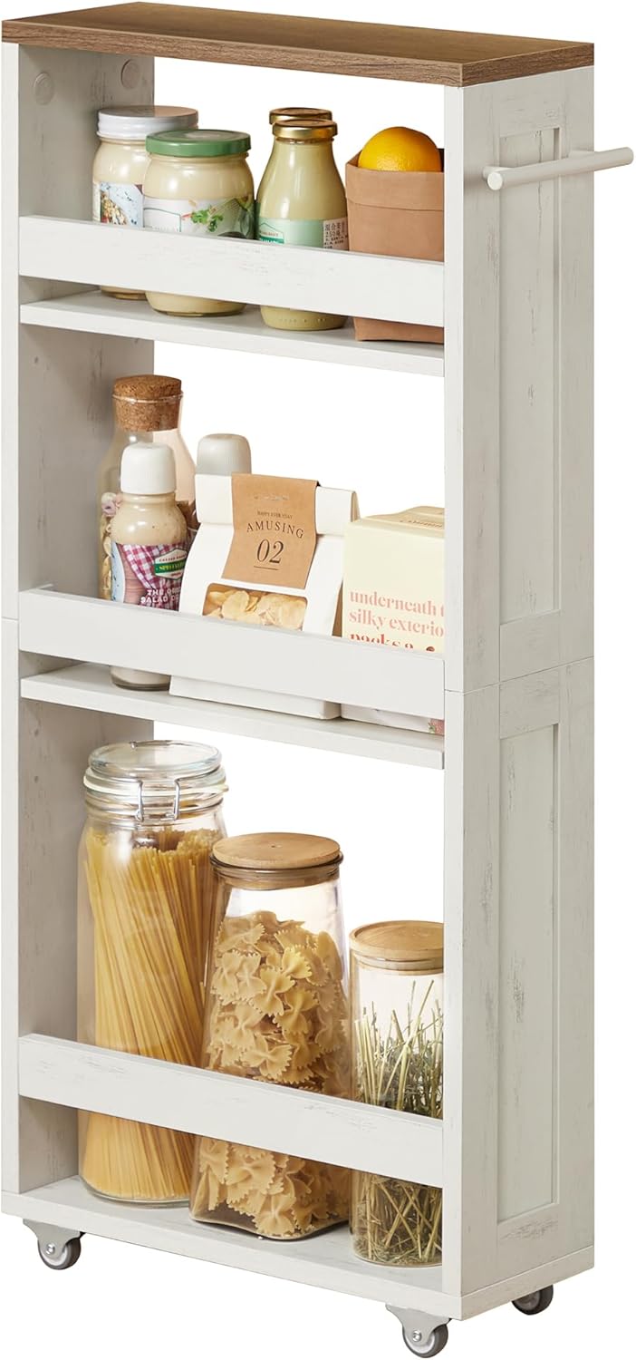 VASAGLE 4-Tier Slide-Out Storage Cart, Slim Kitchen Cart for Small Spaces, with Wheels, Handle, Bathroom, Laundry Room, 5.9 x 17 x 34.1 Inches, Rustic White and Honey Brown ULRC050K01