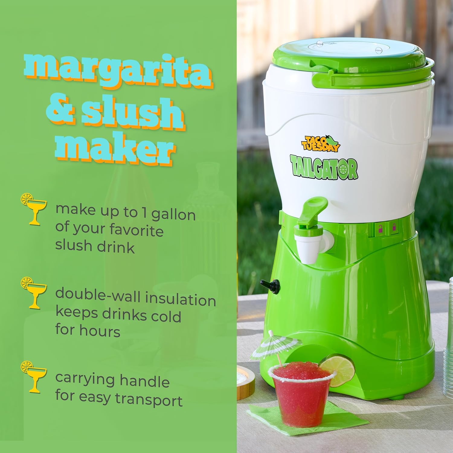 Nostalgia Taco Tuesday Tailgator Margarita Machine - Blender for Smoothies, Margaritas, Daiquiris, and Slushies - White/Lime Green - 128-Ounce - 10