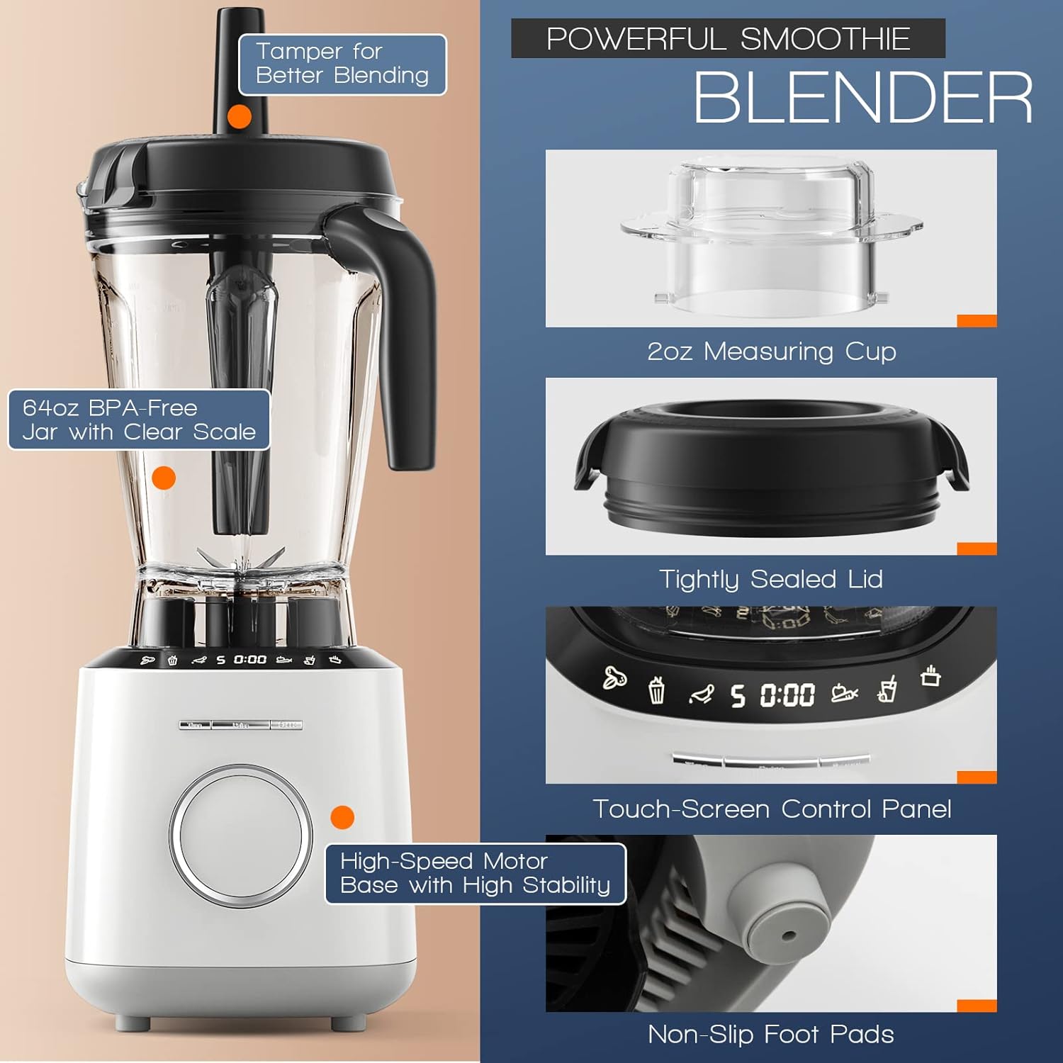 PETSITE Pro 64 Oz Countertop Blender for Kitchen, 1500W Blender for Shakes and Smoothies with 10 Adjustable Speeds, Smart Timer & Touchable Control Panel for Home Commercial