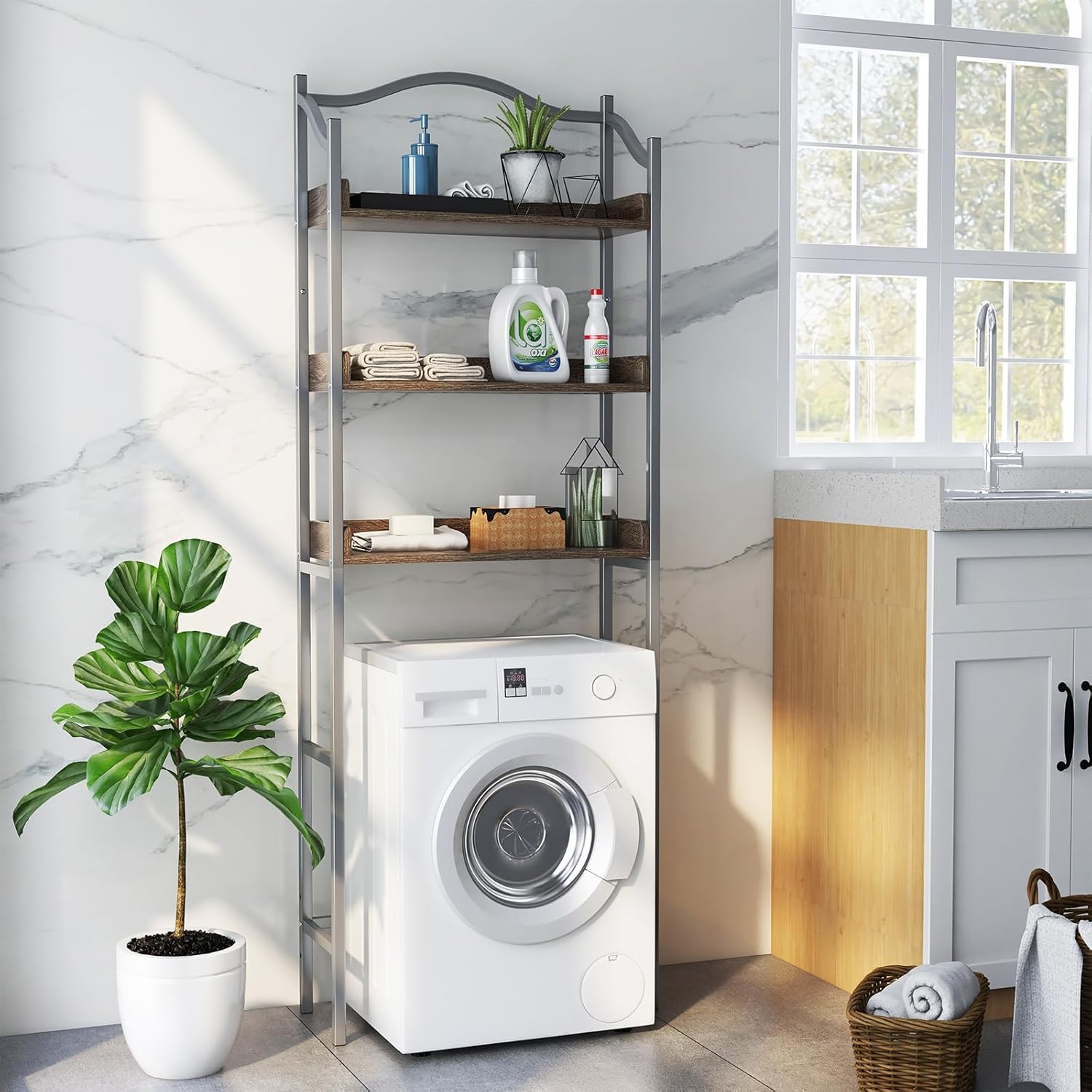 Giantex 3-Tier Over-The-Toilet Rack, Freestanding Bathroom Space Saver W/ 3 Open Shelves & Sturdy Metal Frame, Mid-Century Storage Rack for Bathroom, Laundry Room, Easy Assembly (Sliver)