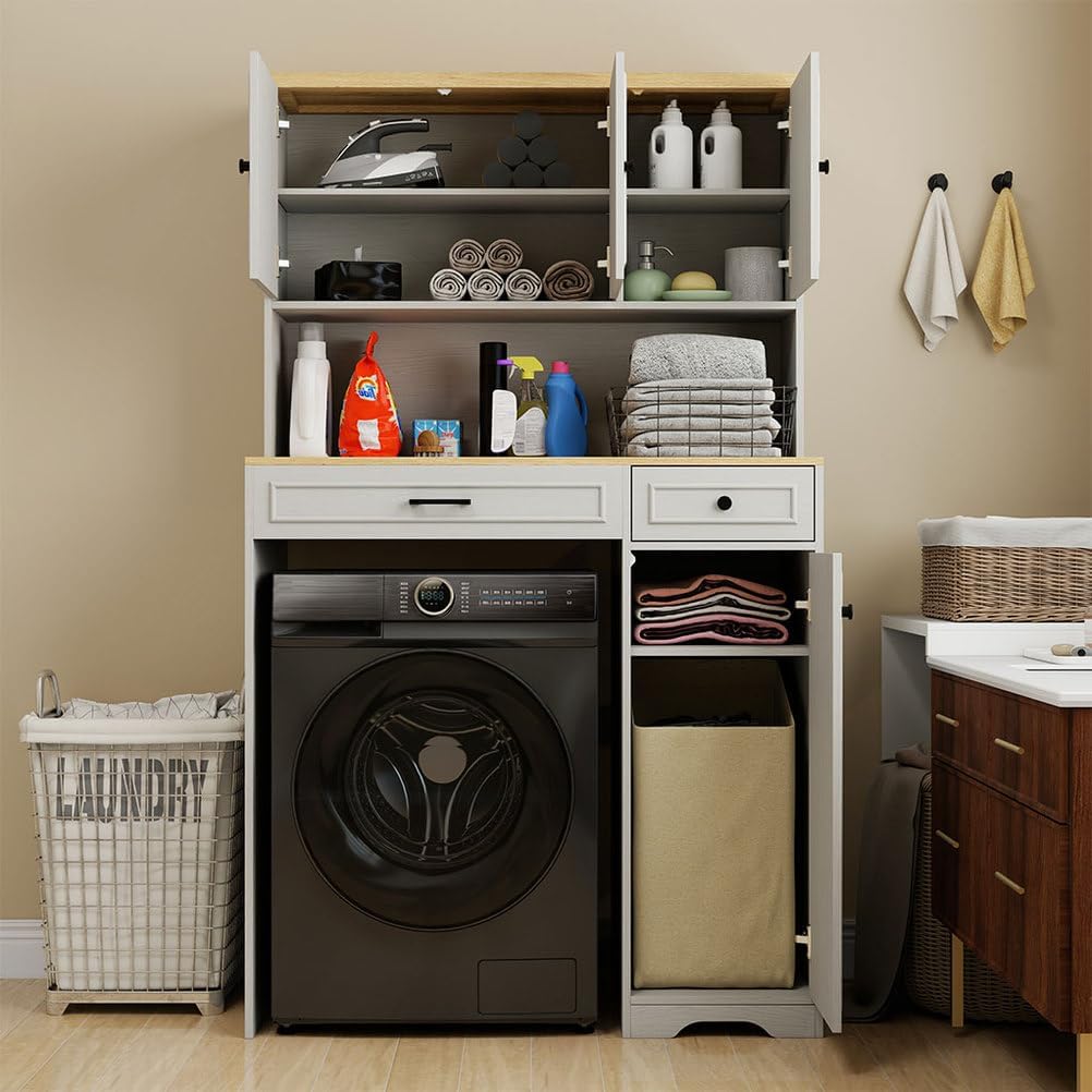 Over The Washer Dryer Storage Cabinet, Laundry Room Space Saver Cabinet with Laundry Basket, Over Washer Organizer with Adjustable Shelves, Drawer & Cabinets, Freestanding Laundry Storage Unit