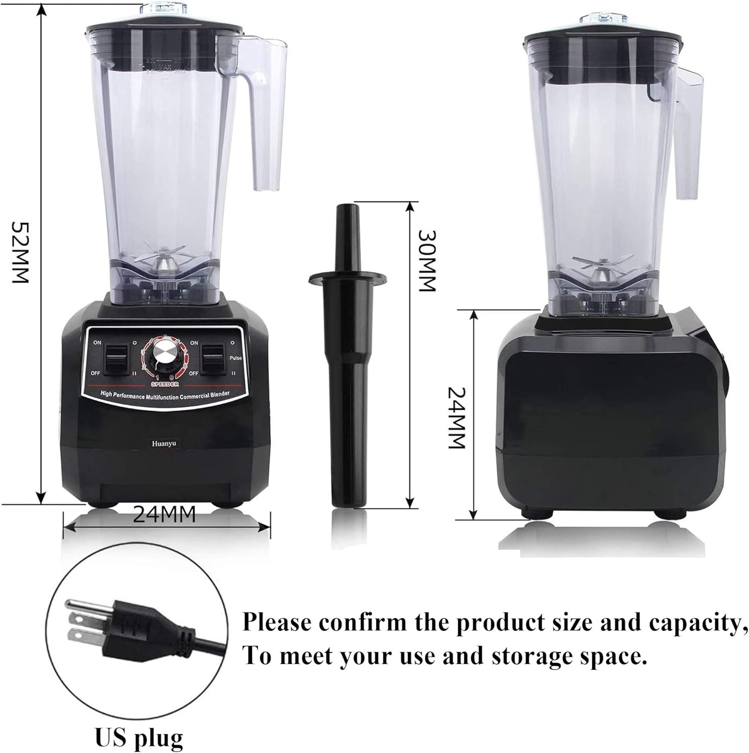 Huanyu Professional Countertop Blender 100 oz Variable Speed & Pulse Feature for Fruit Smoothie Ice Soy Milk Hot Soups Frozen Desserts Crush Mix Home Commercial 2200W G5500 (220V Euro Plug, Black)