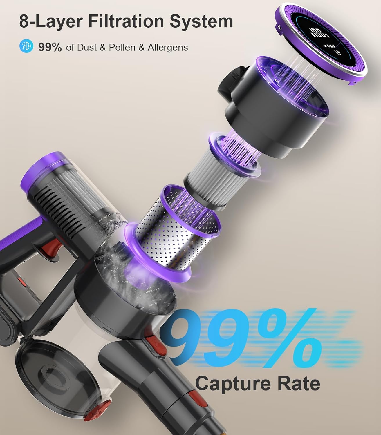 Cordless Stick Vacuum Cleaner: 500W 45KPA 45Mins with Powerful Suction, Self-Standing Lightweight Wireless Rechargeable Handheld Vacuum with Touch Screen for Home Pet Hair/Carpets/Floors/Sofa