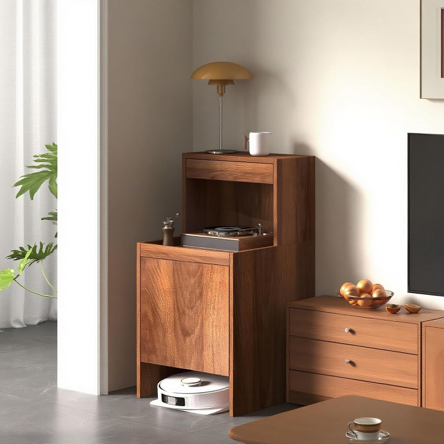 Robot Vacuum Stand Cabinet Hidden Entryway or Living Room Cabinet with Doors, Storage Rack with Pull-Out Top for Water Change, End Side Table for Home Office(Yellow,65cm/25.6in)