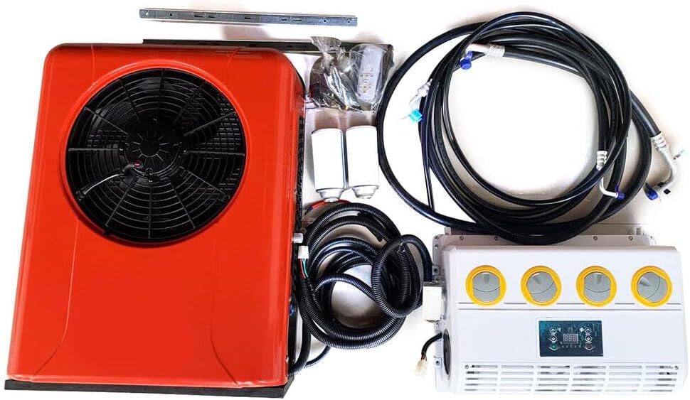 CNCEST 12v Air Conditioner RV Air Conditioner Kit Universal Electric A/C Unit for Cab Cooling - Portable Split AC with High 12000BTU for Caravan or Truck Cab Two Packages (Red 12V)