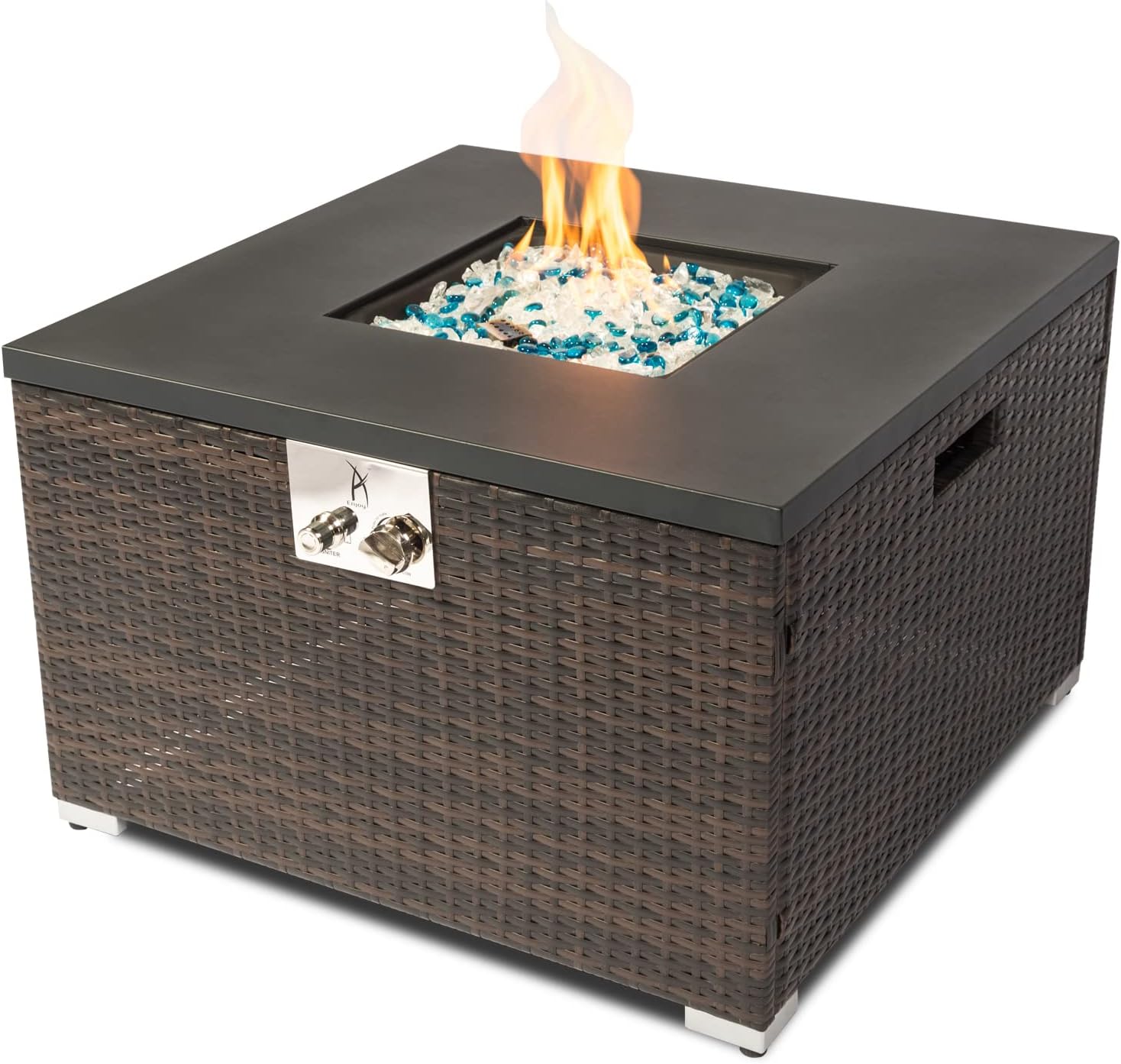 32'' Outdoor Low Profile Fire Table with Natural Gas Conversion Kit, 50,000 BTU Fire Table with Brown Wicker, Painted Steel Tabletop, Mix Color Glass Rocks, Including Lid and Cover, Square
