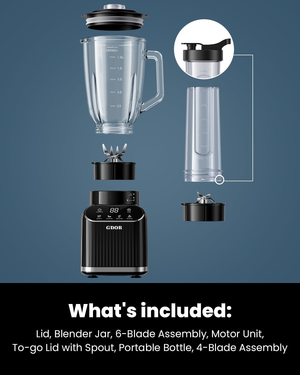 GDOR Professional Blender for Smoothies, 5 Functions, 1200 Peak Watts Smoothie Blender, 52 Oz Glass Jar & 24 Oz To-Go Cup Combo, Blenders for Smoothies, Ice and Frozen Fruit, Self-Cleaning