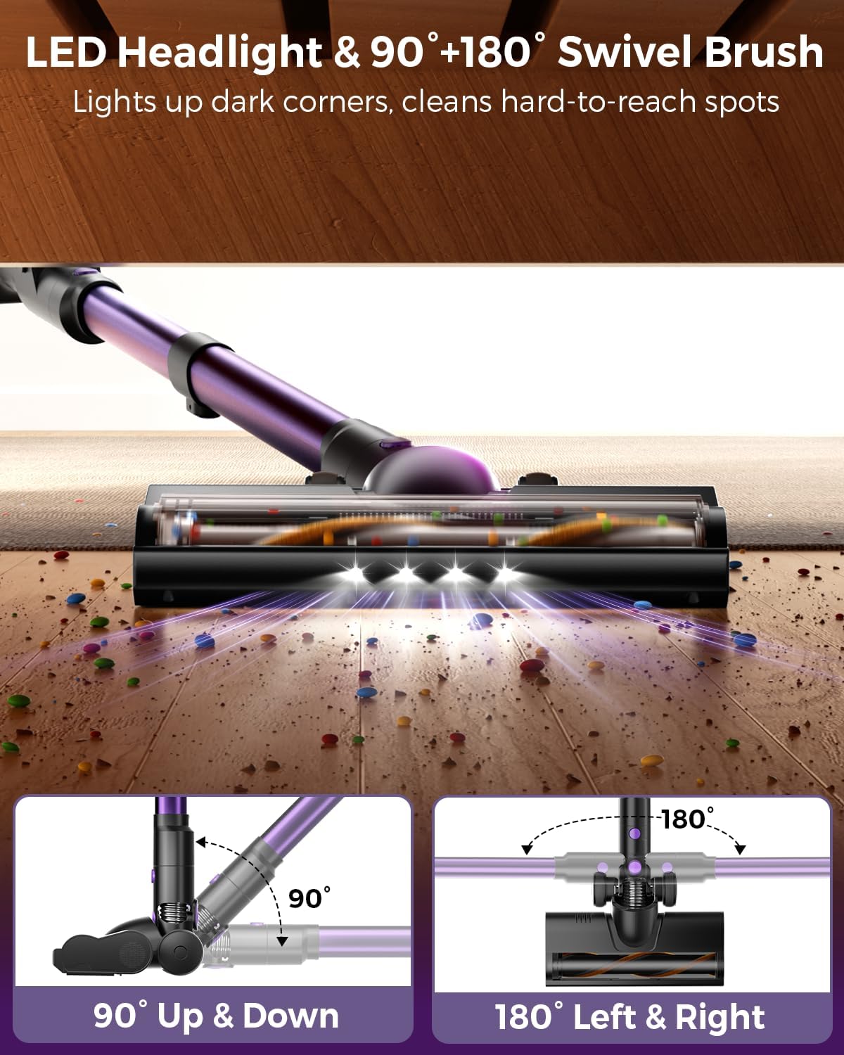 Cordless Vacuum Cleaner, 580W/48Kpa Vacuum Cleaners with 65 Min Runtime, Lightweight Wireless Vacuum with LED Headlights/Screen, wall mount, Removable Handheld Vacuum for Pet Hair/Carpets/Floors/Sofa