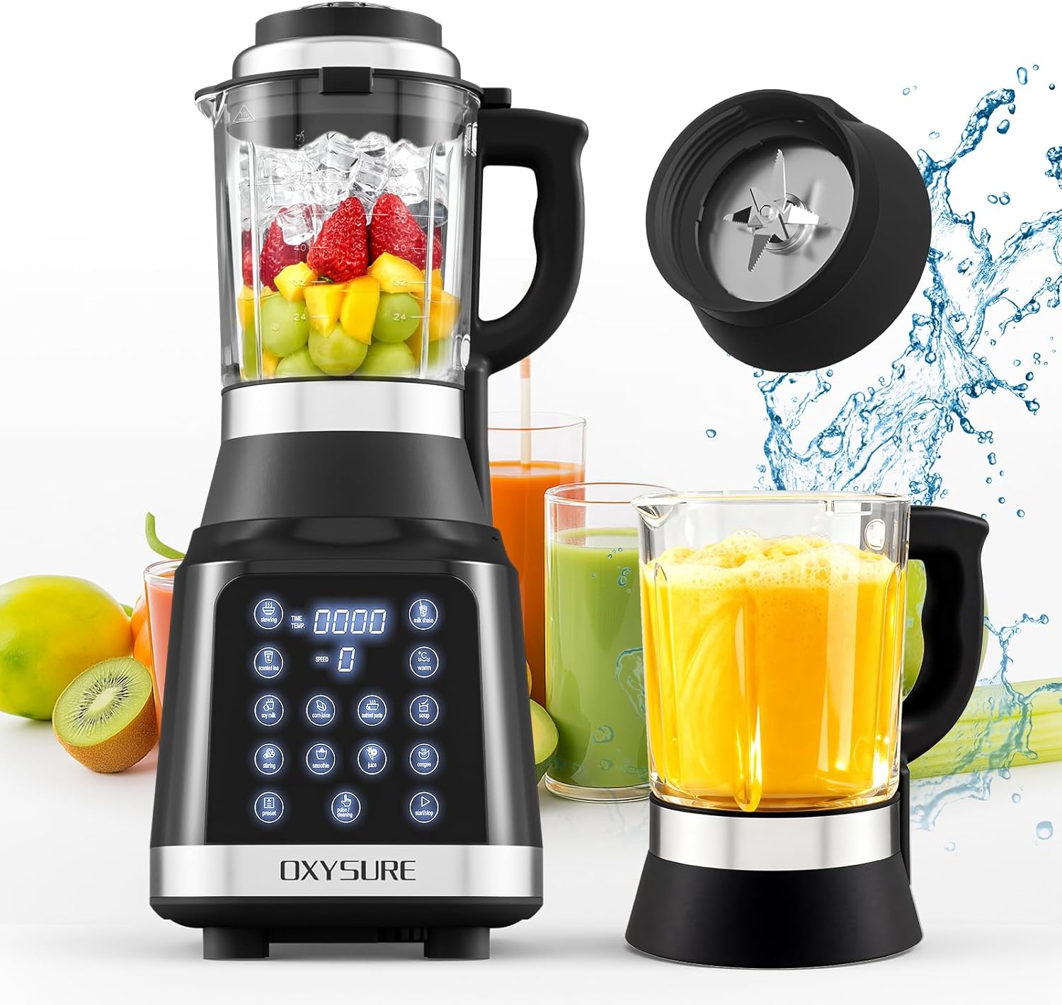 Glass Blender with 14 Functions, 1400W High-Speed Motor, 59oz Capacity, Food Processor for Smoothies, Soy Milk, Soup, Food & Juice, Multifunctional Heating Mixer (Sliver black)