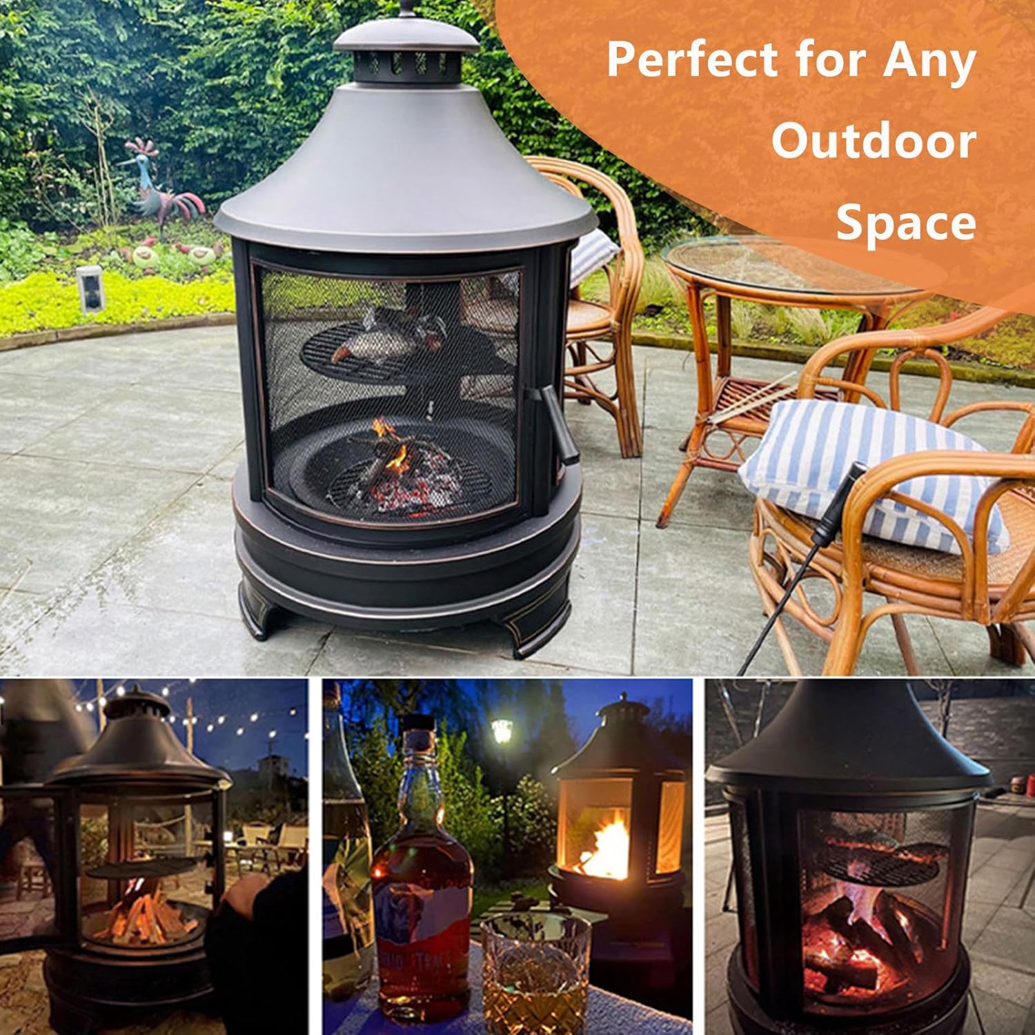 2 in 1 Fire Pit for Outdoor, Wood Burning Fire Pit & Metal Chiminea Fireplaces with Spark Screen Doors & Grill Grate, for Outside Patio Garden Backyard Bonfire Party