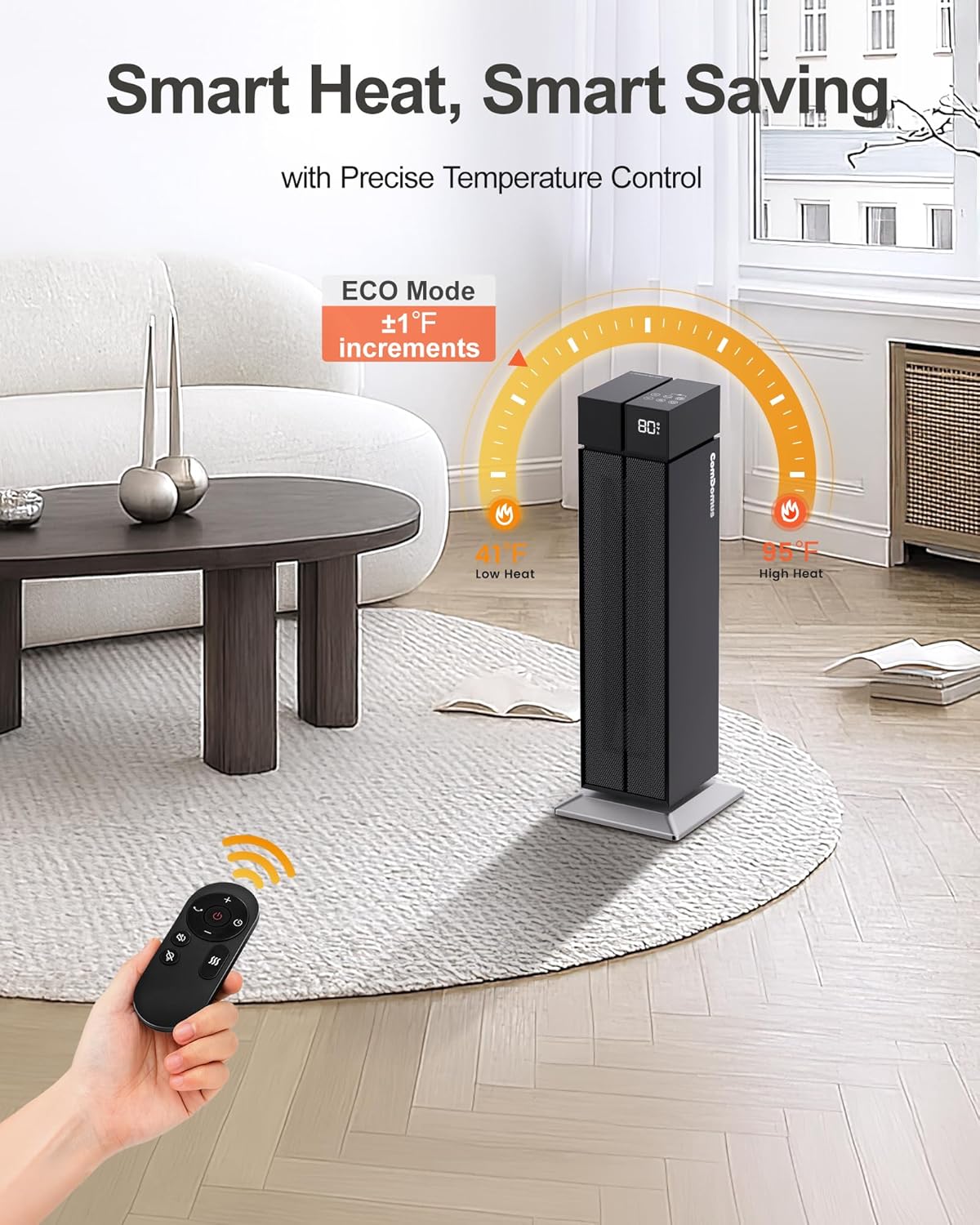 Space Heater Large Room, 25” Electric Room Heaters for Indoor Use with 120° Oscillation, 3 Heat Levels, 3 Modes, Multiple Safety Protections, 12H Timer, Black Ceramic Tower Heater for Bedroom