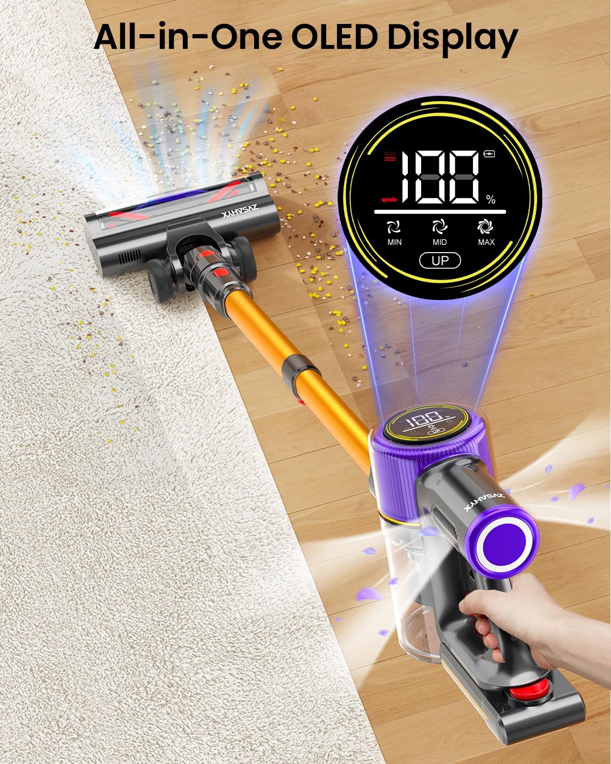 Cordless Vacuum Cleaner, Vacuum Cleaners for Home, Vacuum with LED Display, Anti-Tangle Roller Brush, Lightweight Vacuum Cordless for Pet Hair/Carpets/Hard Floors