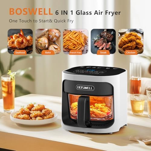 BOSWELL 4.5QT Glass Air Fryer - 6-in-1 with Transparent Bowl | Circulating Air for Crispy Results | Bake, Broil, Air Fry | Temperature Control, Dishwasher Safe (White)