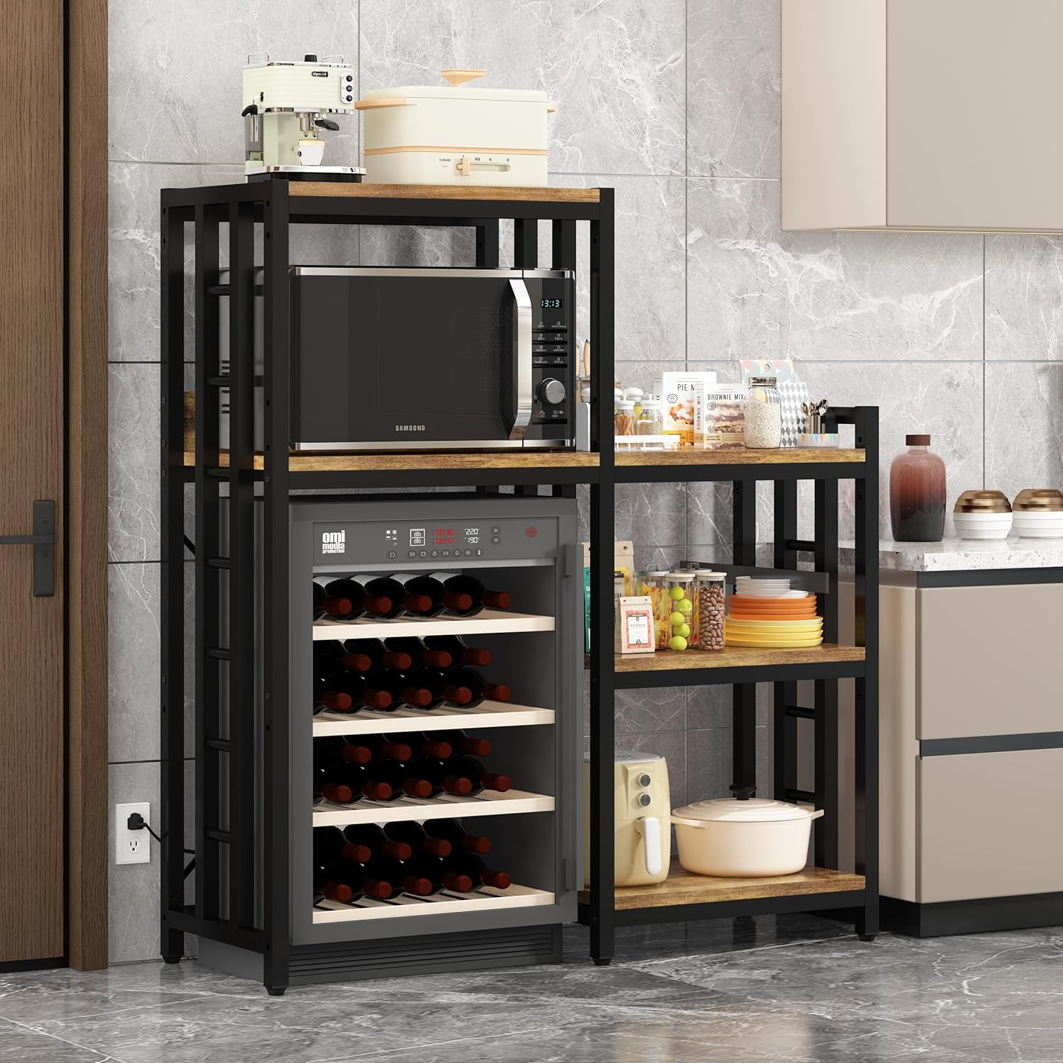 6-Tier Kitchen Baker's Rack with Power Outlet, Microwave Oven Stand with Storage Suitable for Kitchen Living Room Office Storage Shelf, Mini Fridge Stand Shelves for Spices, Pots and Pans. (Brown)