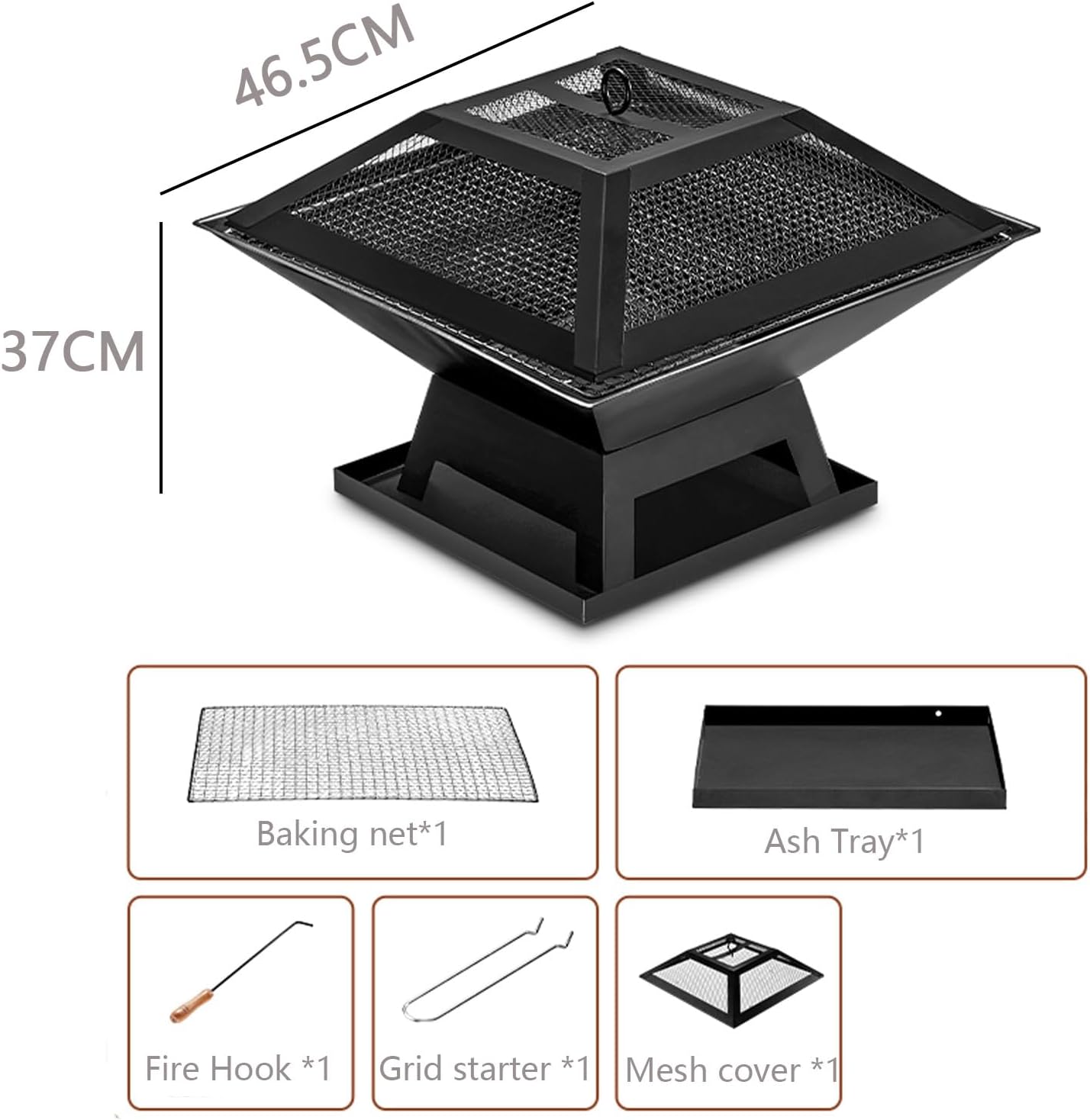 Cast Iron Outdoor Fire Pit with Burning Grid/Ash Catchers/Flower Grid Lid/Fire Hook/Grid Starter for Warmth,Barbecues,Parties,Patio,46.5 x 37cm (B)