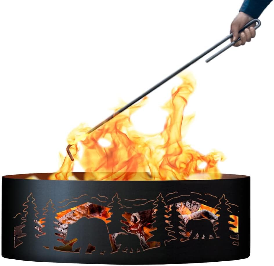 PD Metals BCR00430-FP Bear N Cubs Unpainted 12 in. Tall 30 in. Diameter Outdoor Fire Ring with Fire Poker - 30 x 30 x 12 in. - Rustic Black Color