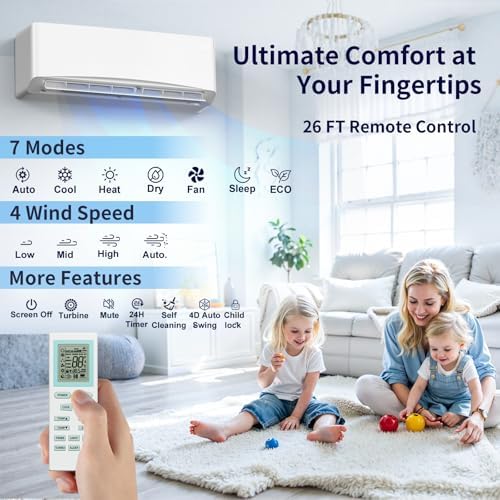 Mini Split AC/Heating System, Energy Efficient Inverter AC Unit with 1 Ton Heat Pump, 12000 BTU Air Conditioner, Coverage Area Up to 750 Sq.Ft 115V