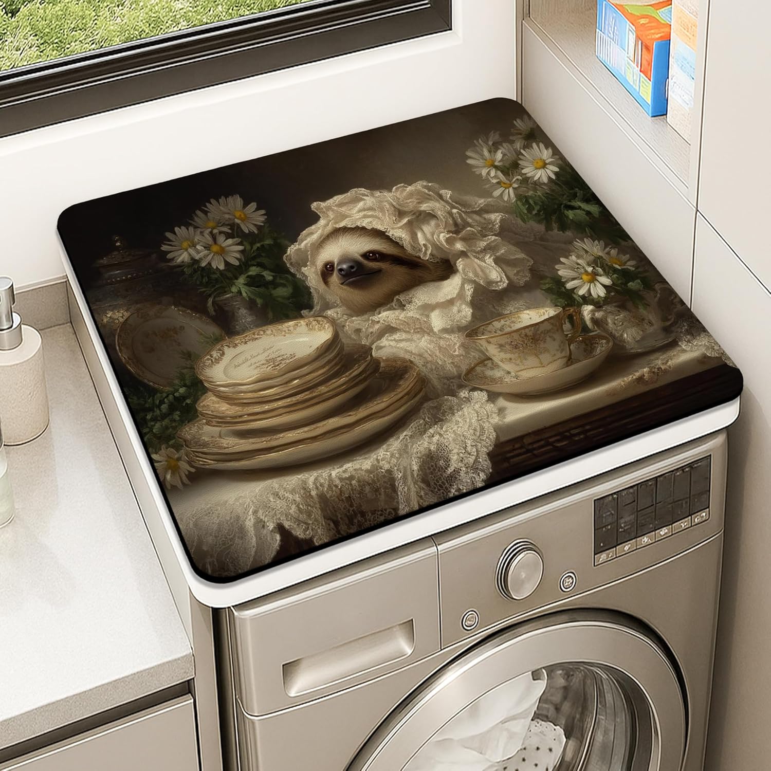 Quaint Sloth Washer Dryer Top Protector Mat, Vintage Floral Laundry Machine Dust Covers, Spring Aurora Rubber Anti-slip Waterproof Washer And Dryer Mats for Laundry Room 24x24 Inch