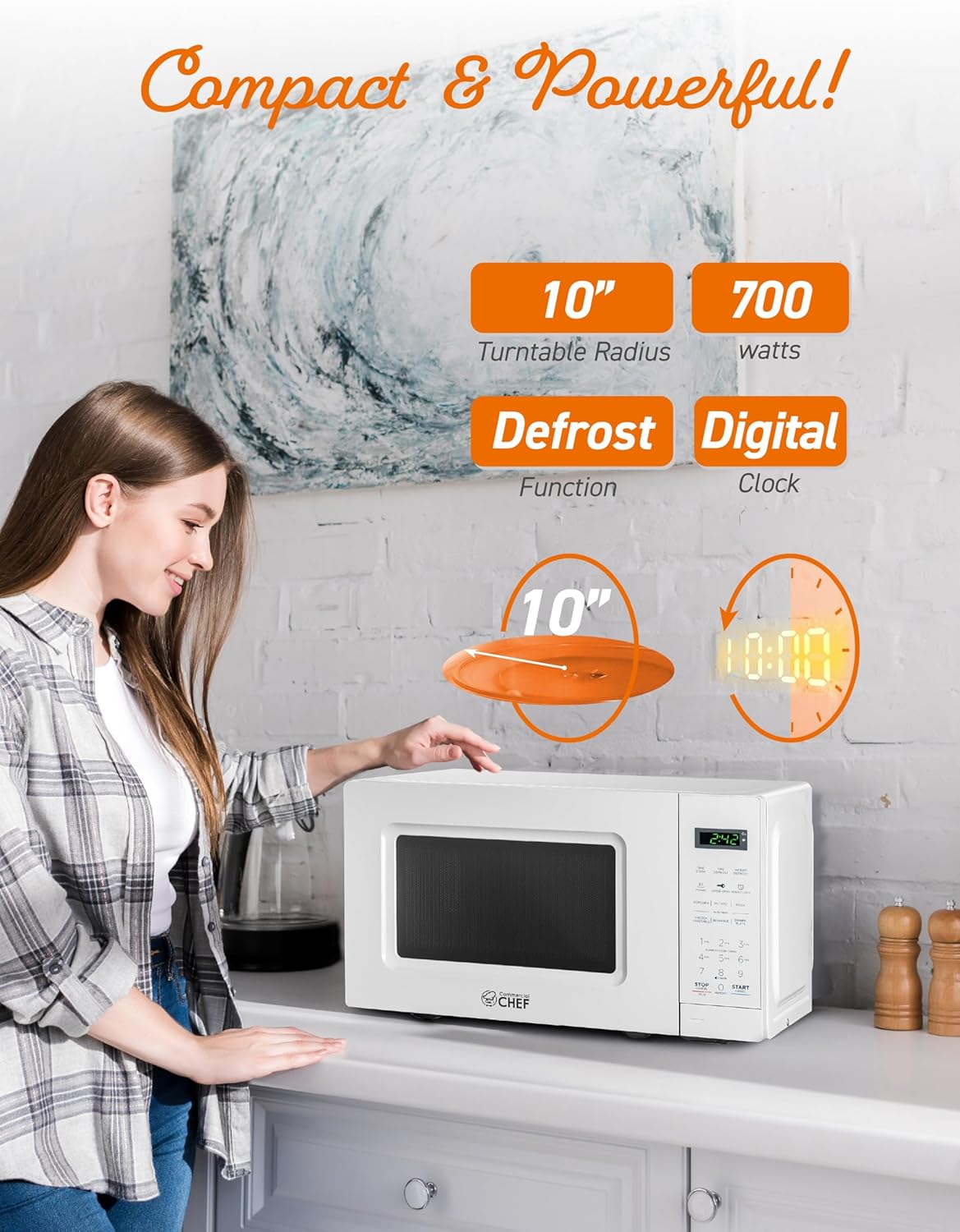 COMMERCIAL CHEF 0.7 Cu Ft Microwave with 10 Power Levels, 700W Microwave with Digital Display, Countertop Microwave with Child Safety Door Lock, Programmable with Push Button, White