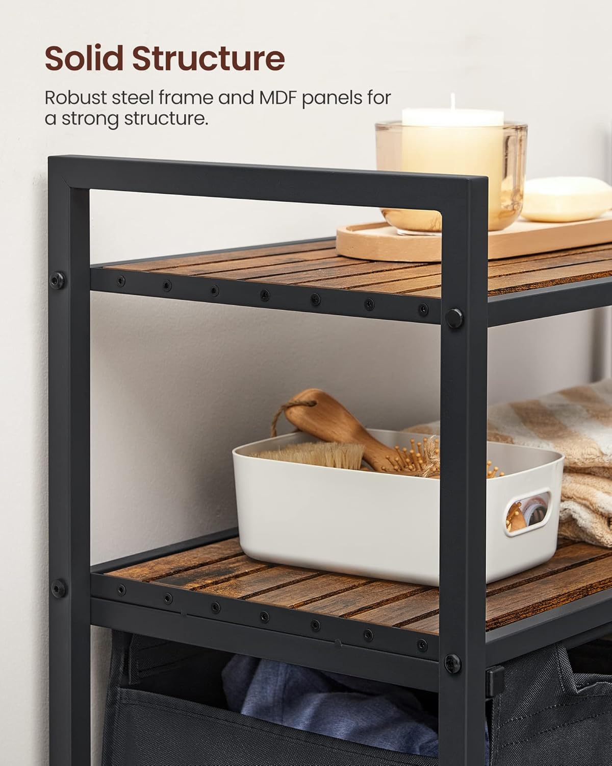 VASAGLE Laundry Hamper, Laundry Basket, Laundry Sorter with 2 Pull-Out and Removable Bags, 2 Shelves, 12.1 Gal (46L) Capacity per Bag, for Laundry Room, Rustic Brown and Black UBLH211B01