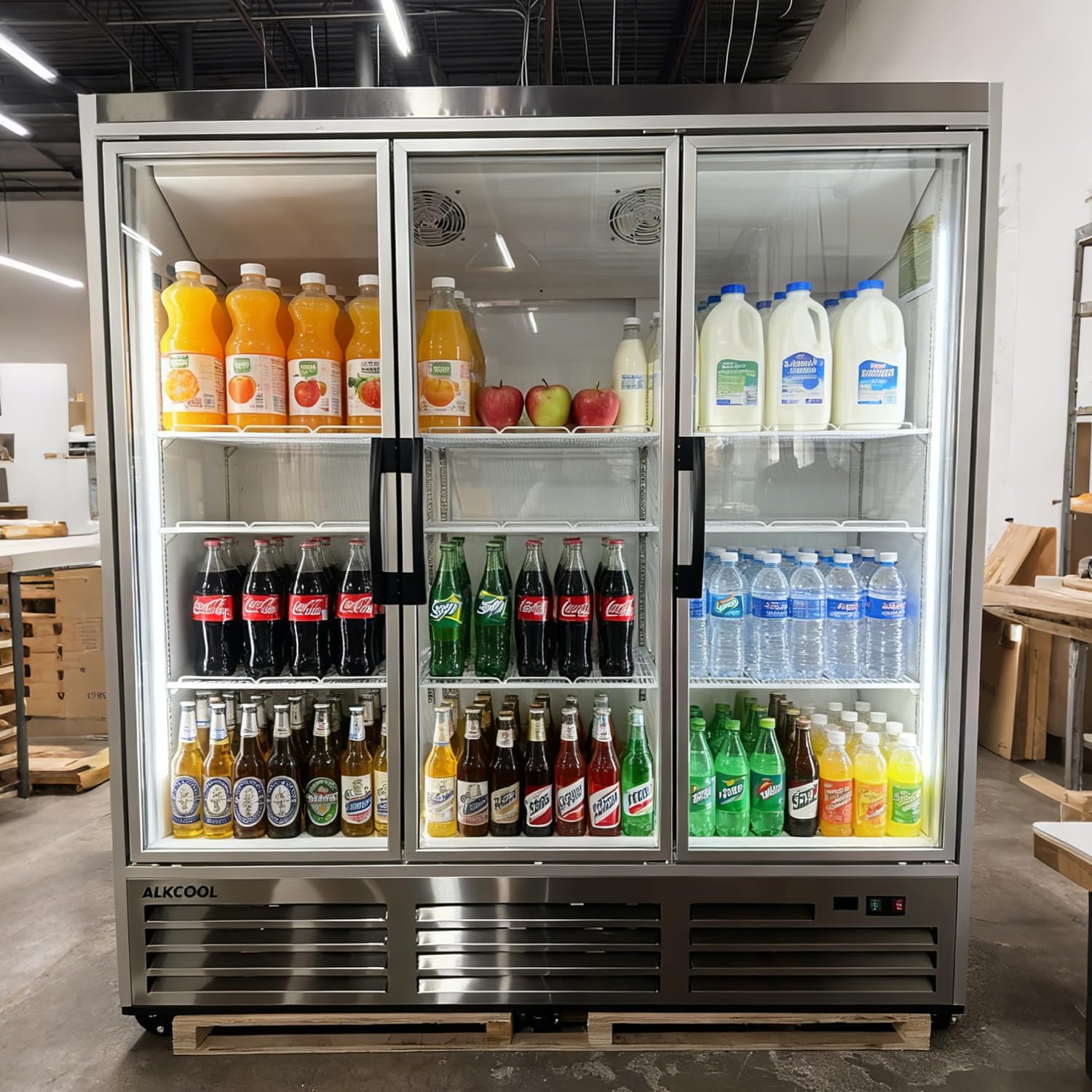 71” Wide Commercial Beverage Refrigerator Display Fridge, Stainless Steel Merchandiser Three Glass Door Drink Cooler With LED Light Adjustable Shelves,ETL Sanitation,65 Cu Ft(Wheels Included)