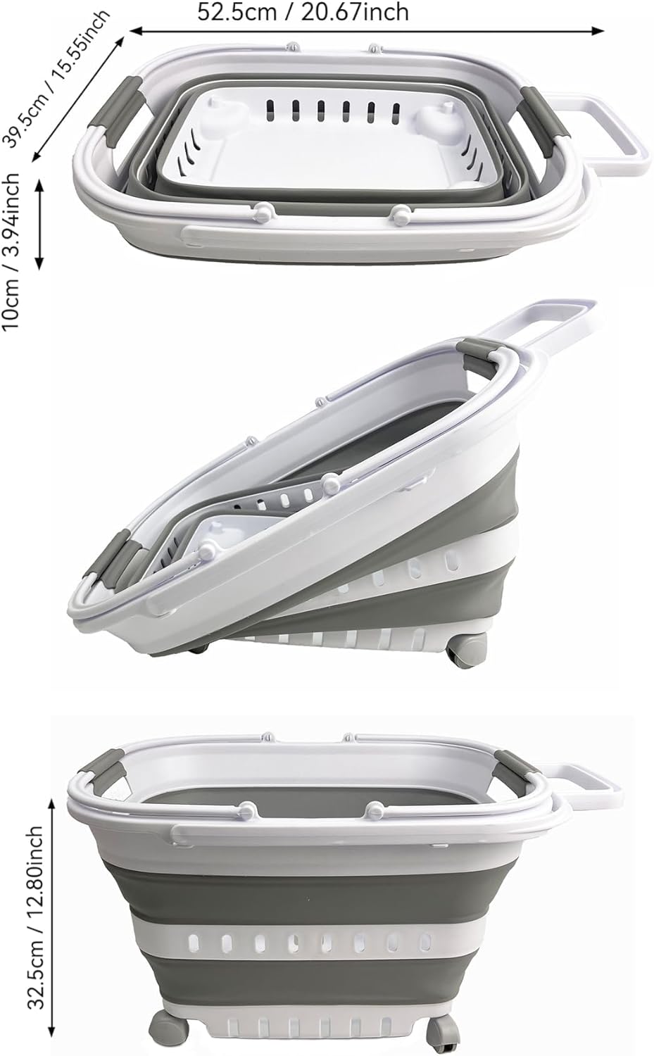 SAMMART 35L (9.24 Gallons) Collapsible Plastic Laundry Basket with Handle and Wheels - Foldable Pop Up Storage Container/Organizer with handle and wheels - Space Saving (1, White/Grey)