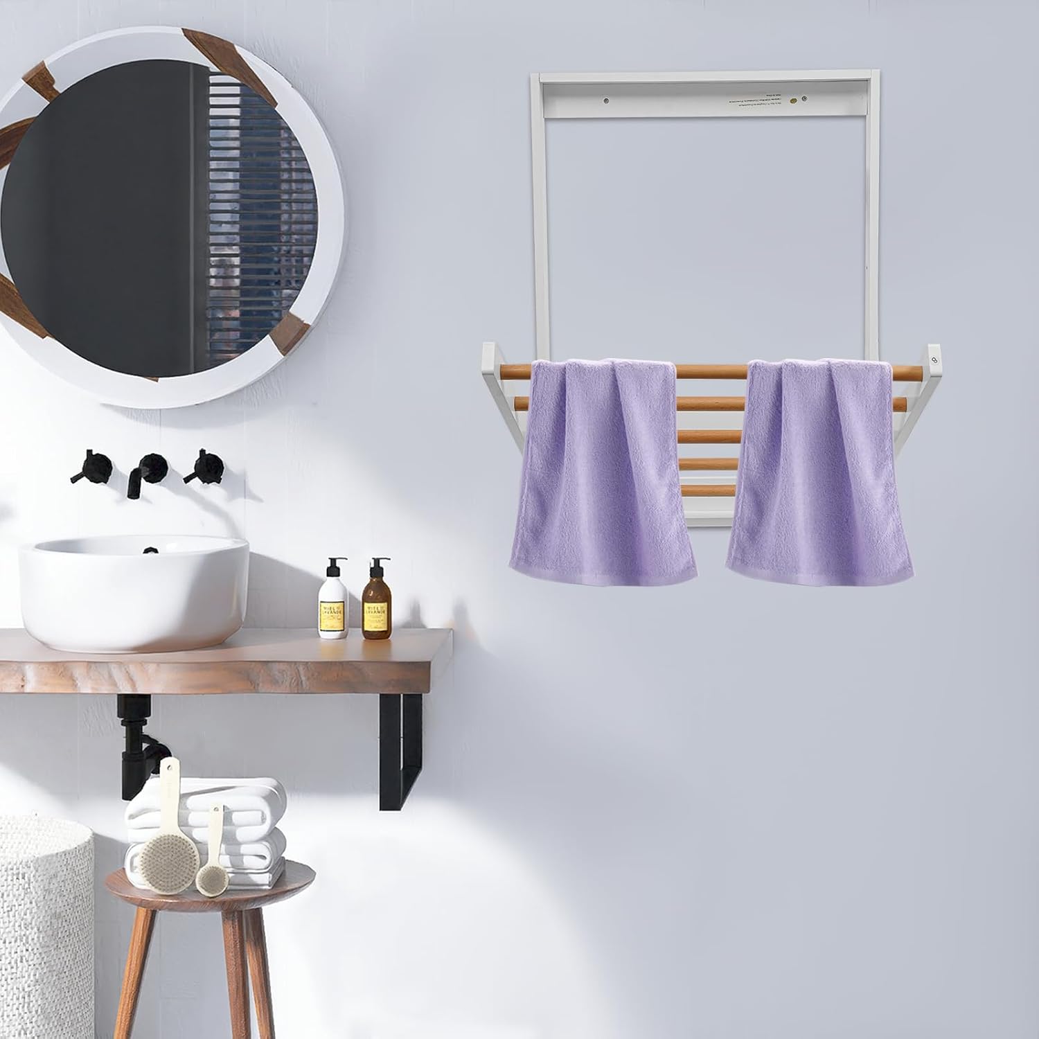 Wall Mounted Drying Rack, Modern Foldable Wooden Laundry Drying Rack, 5 Hanging Rods Laundry Dryer Rack, Space-Saving Door Mount Clother Organizer for Bathrooms, Bedrooms